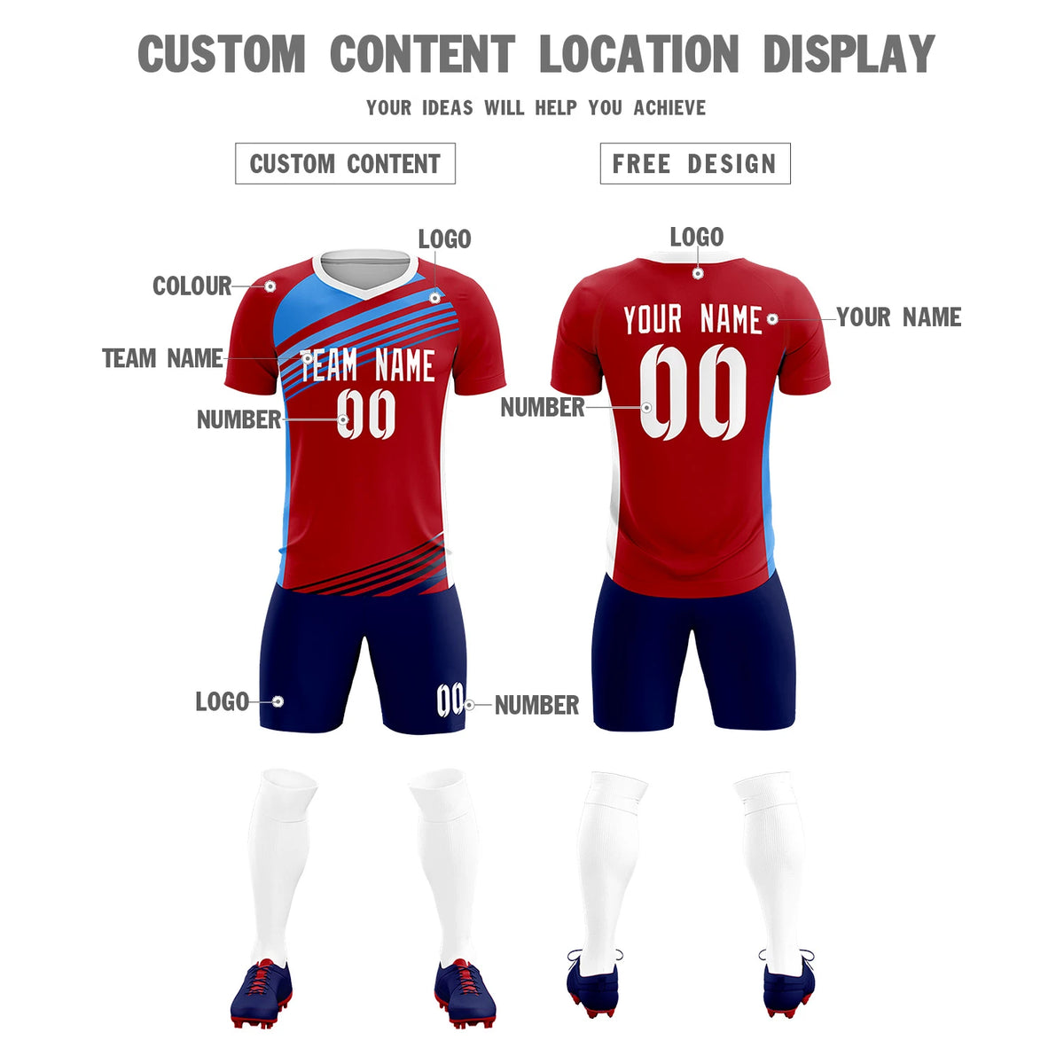 Custom Red Powder Blue-White Gradient Sport Soccer Sets Jersey
