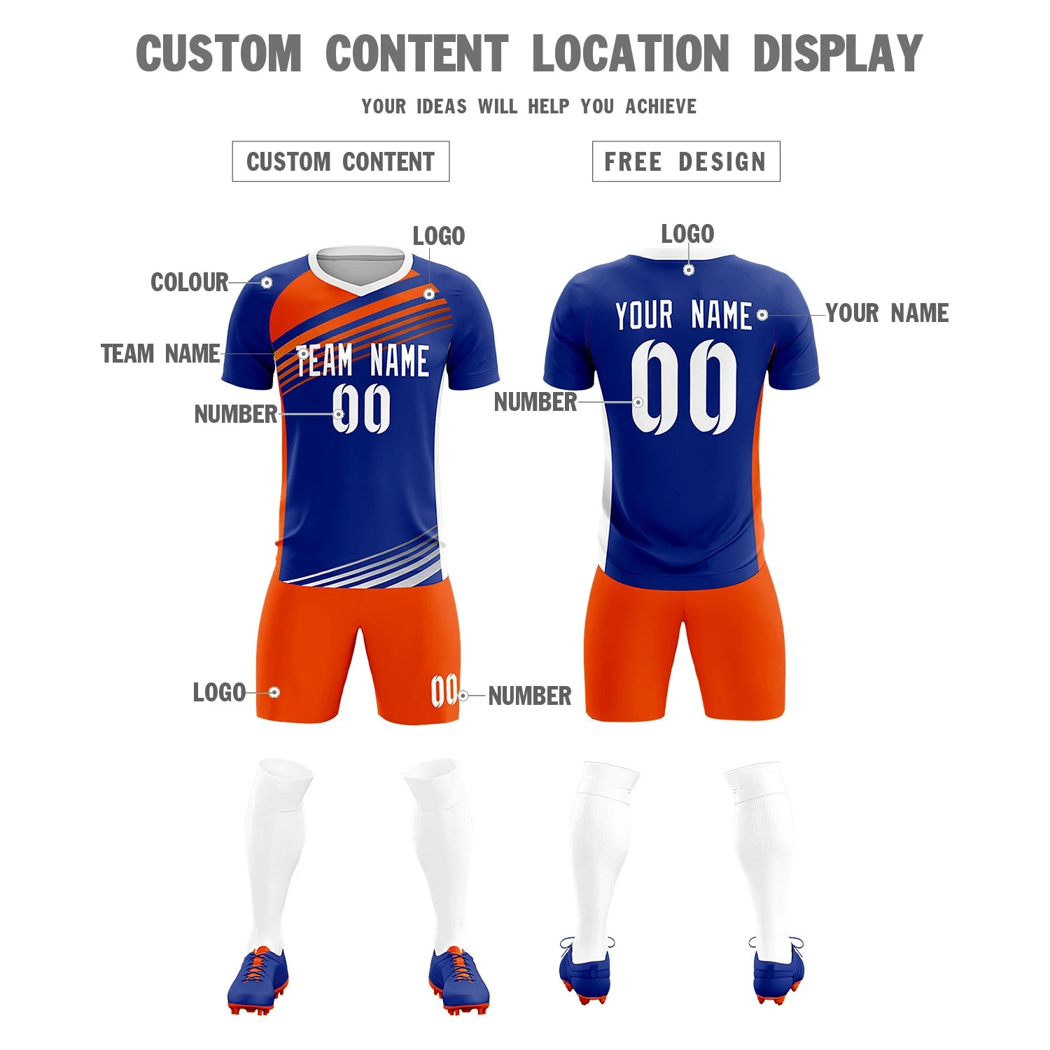 Custom Royal Blue Orange-White Gradient Sport Soccer Sets Jersey