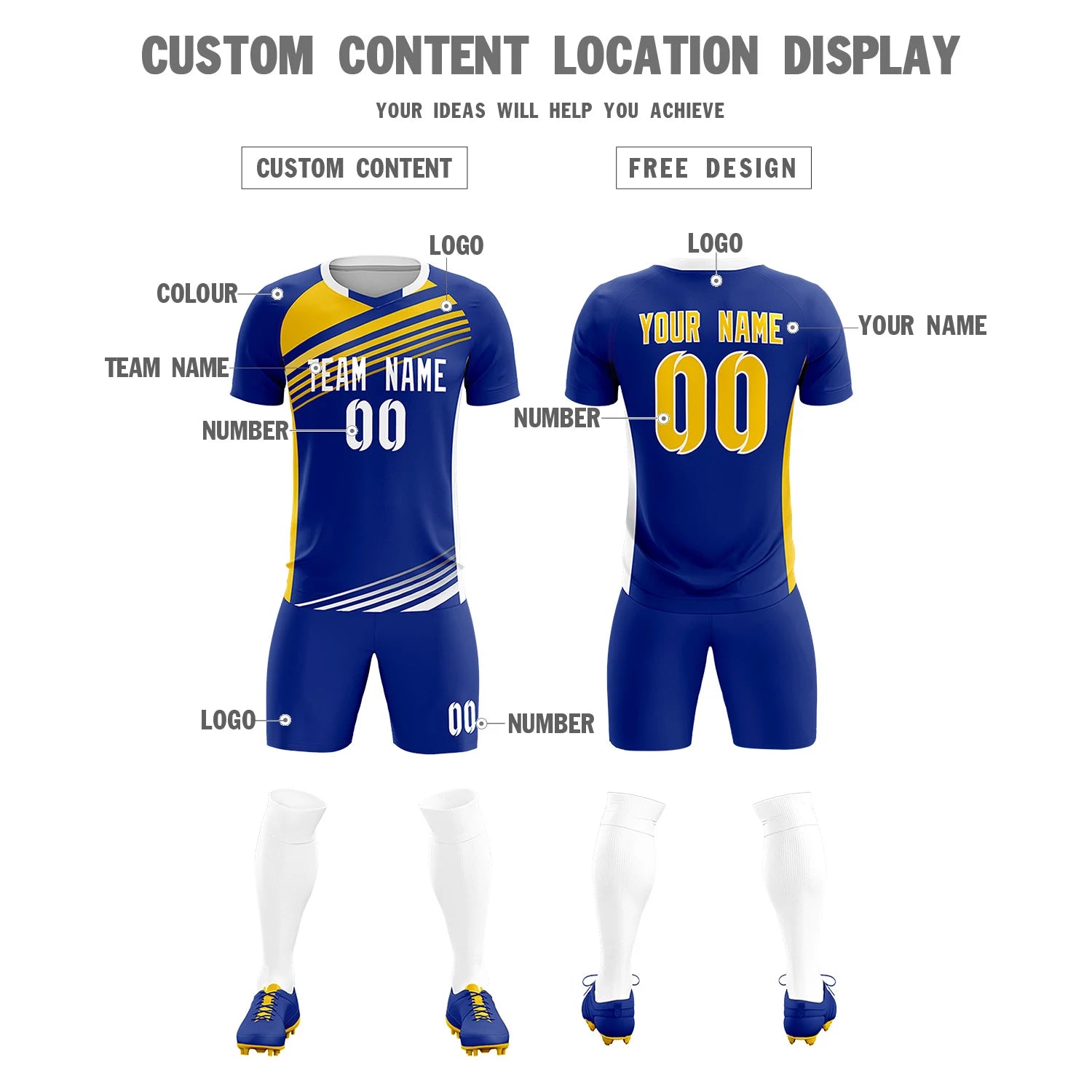 Custom Royal Blue Gold-White Gradient Sport Soccer Sets Jersey