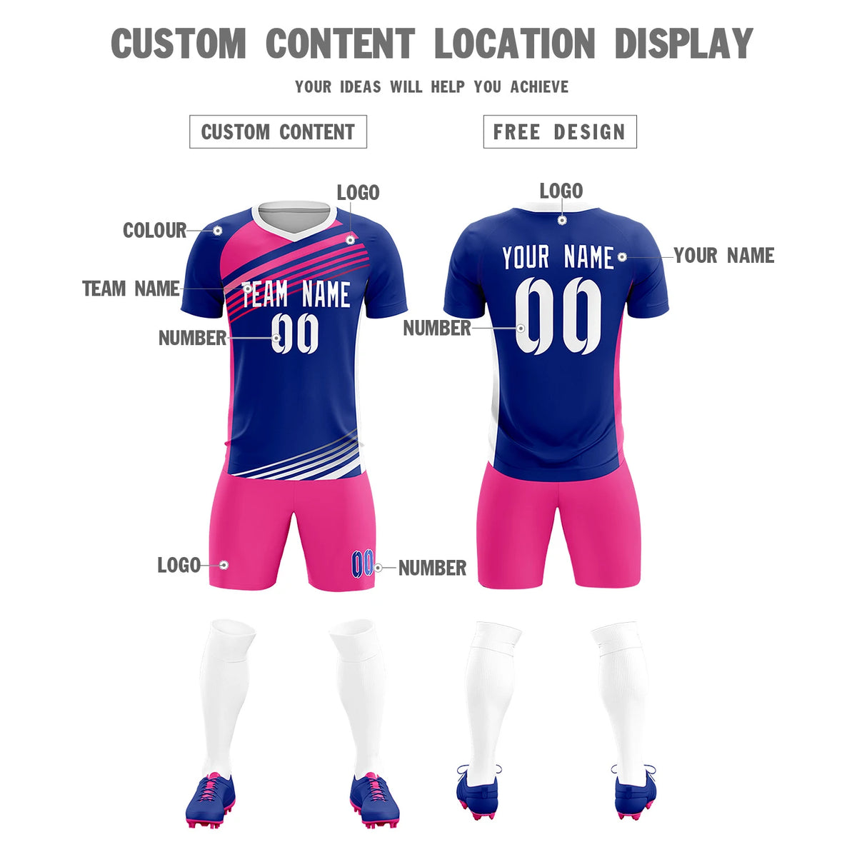 Custom Royal Blue Pink-White Gradient Sport Soccer Sets Jersey