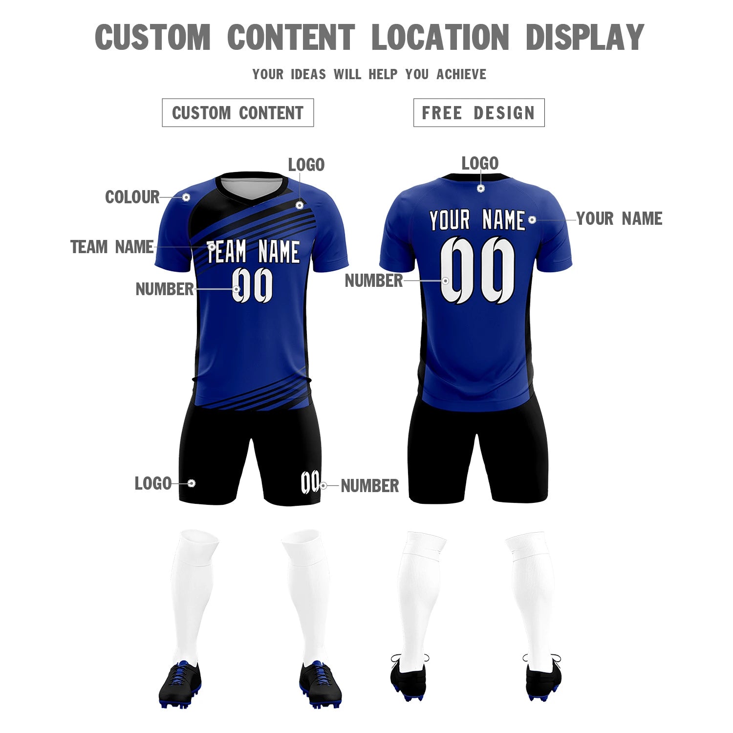 Custom Royal Blue Black-White Gradient Sport Soccer Sets Jersey