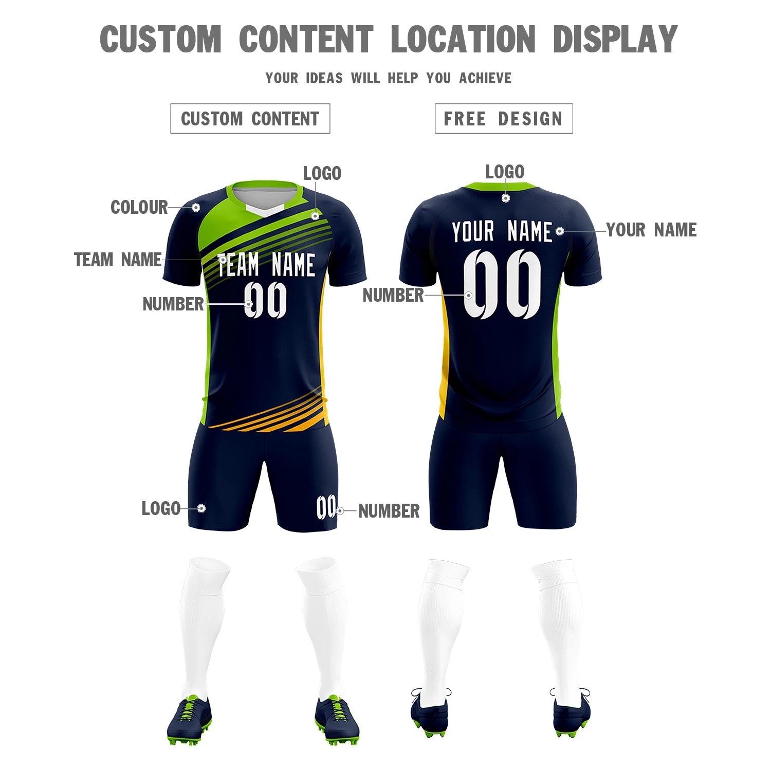 Custom Navy Neon Green-White Gradient Sport Soccer Sets Jersey