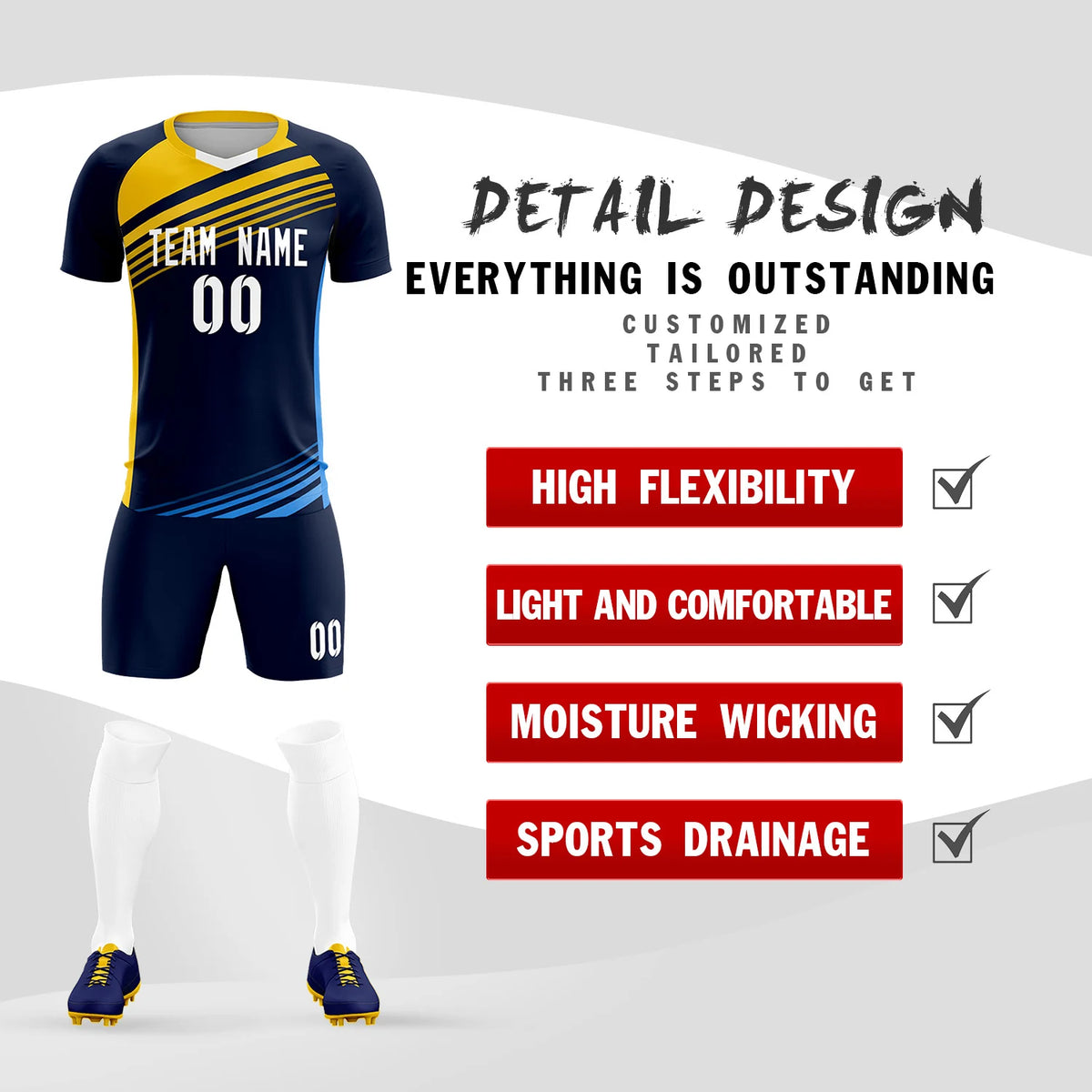 Custom Navy Gold-White Gradient Sport Soccer Sets Jersey