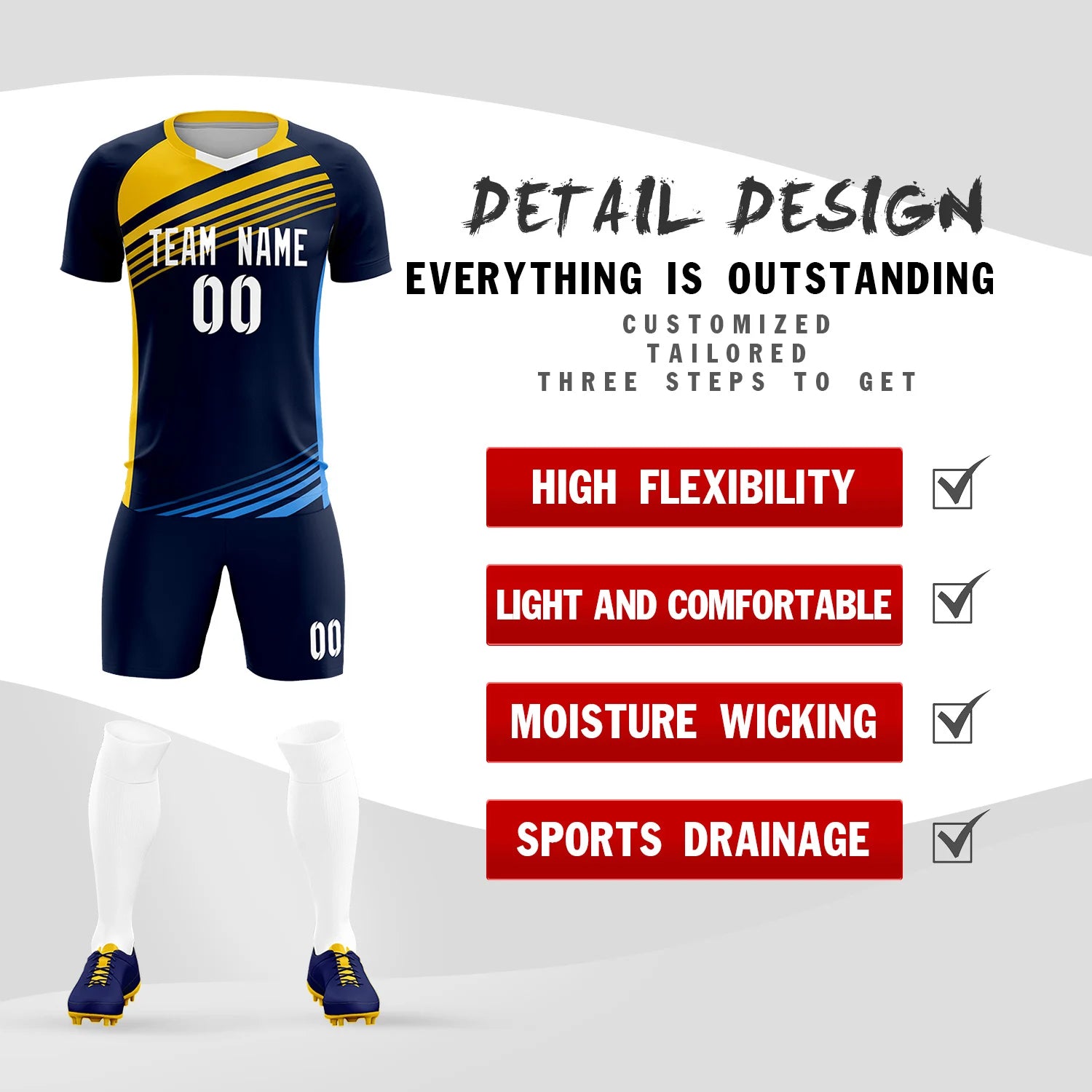 Custom Navy Gold-White Gradient Sport Soccer Sets Jersey