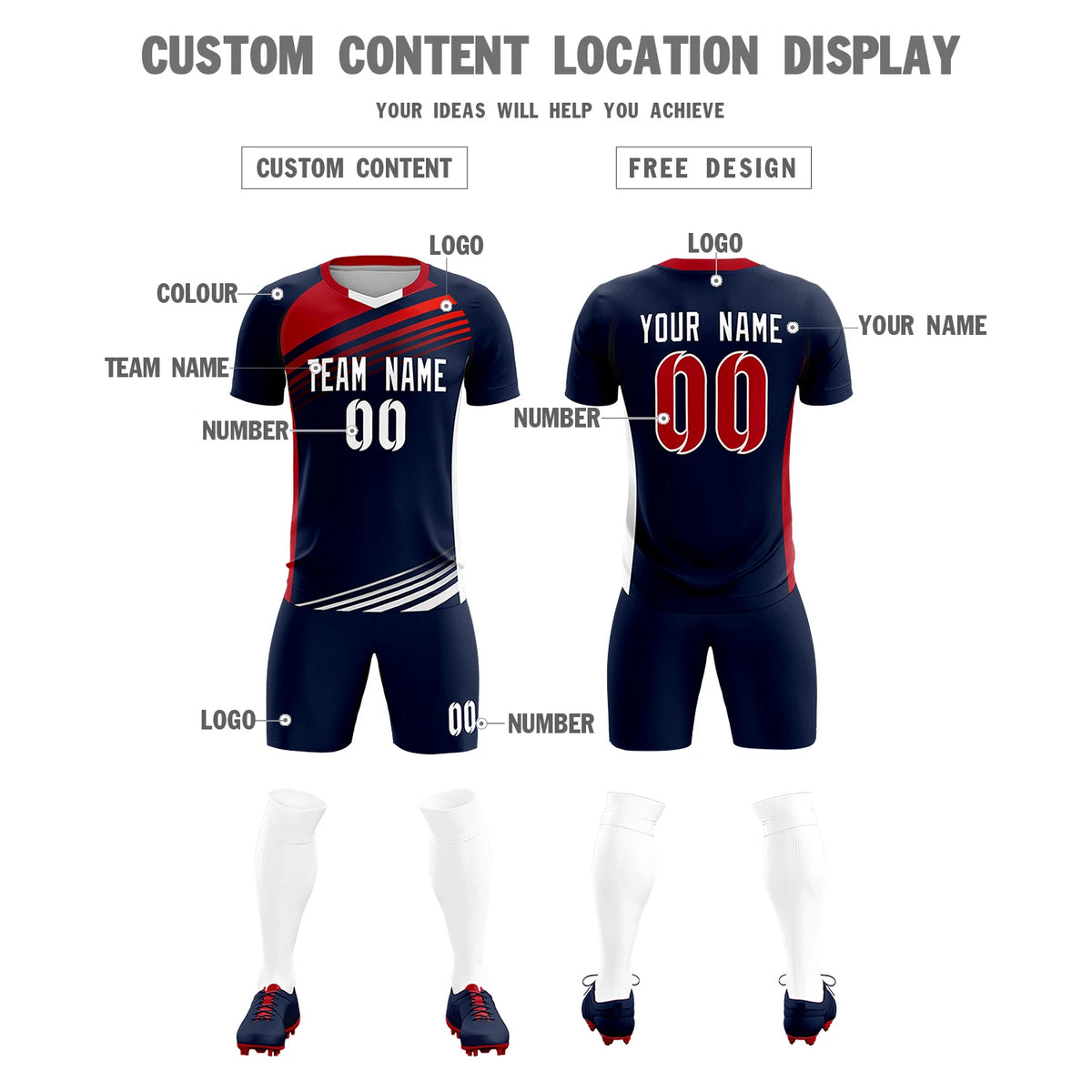 Custom Navy Red-White Gradient Sport Soccer Sets Jersey