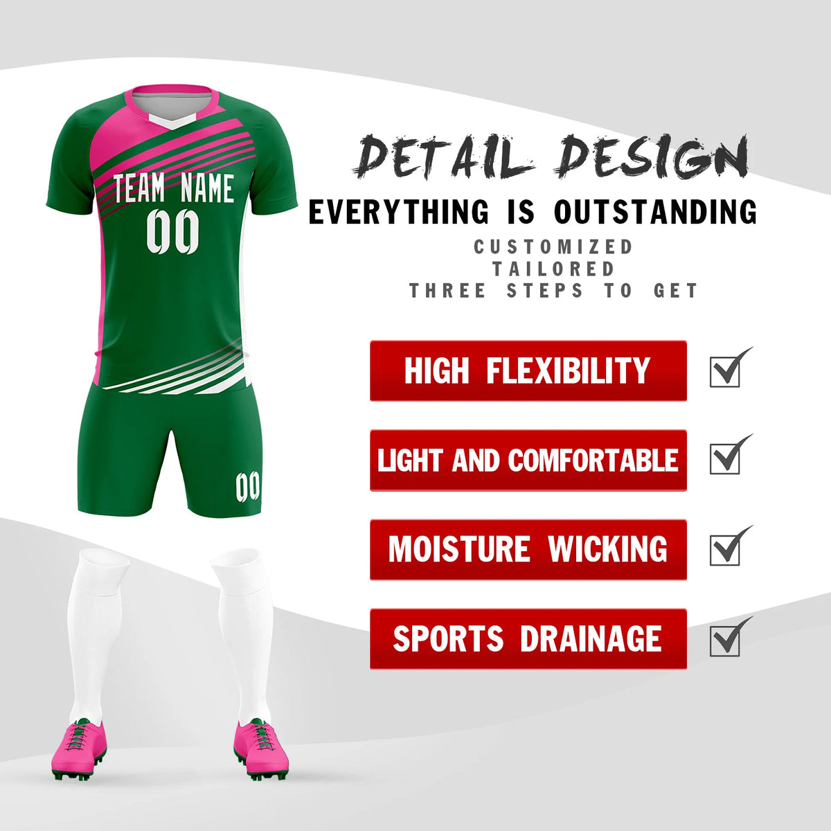 Custom Kelly Green Pink-White Gradient Sport Soccer Sets Jersey