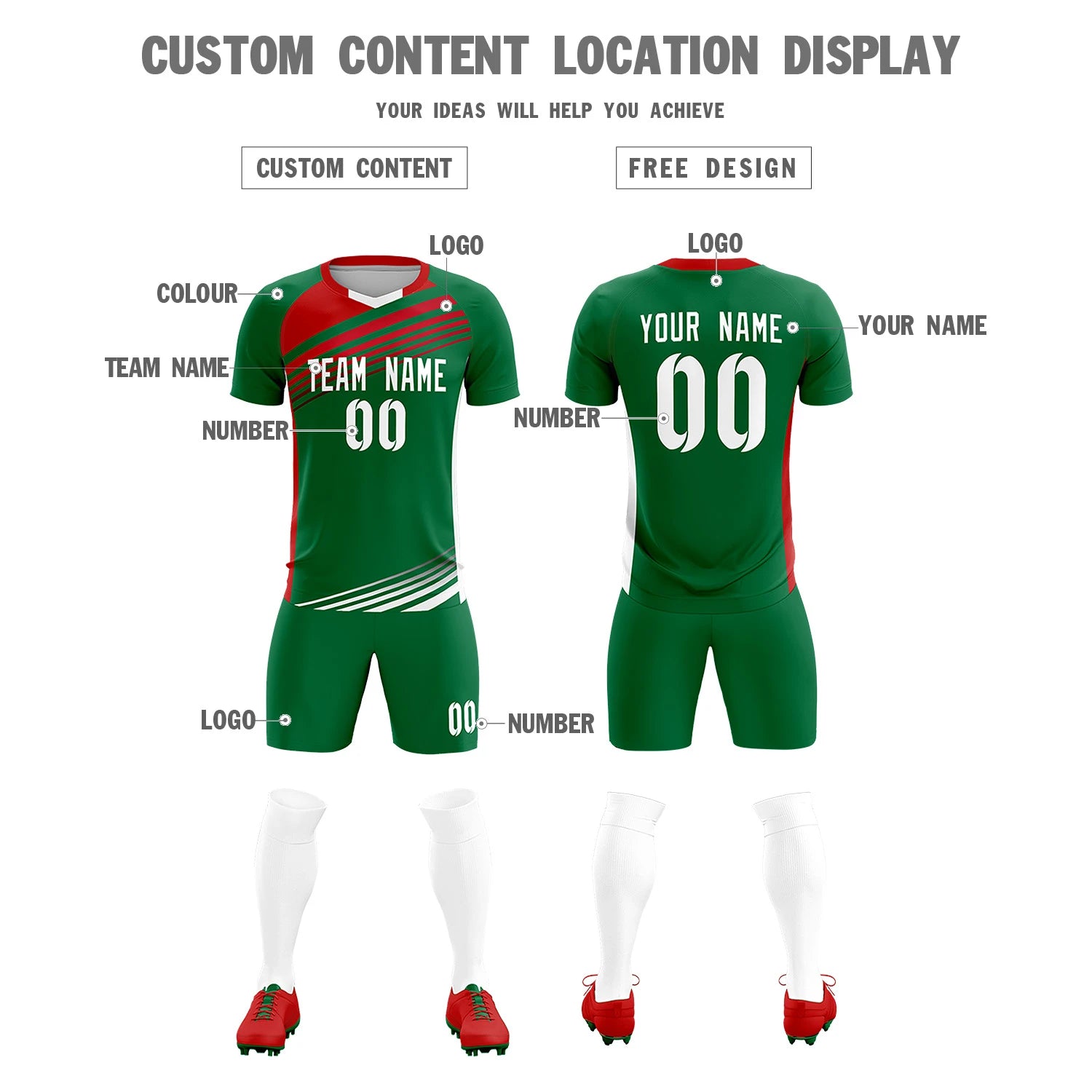 Custom Kelly Green Red-White Gradient Sport Soccer Sets Jersey
