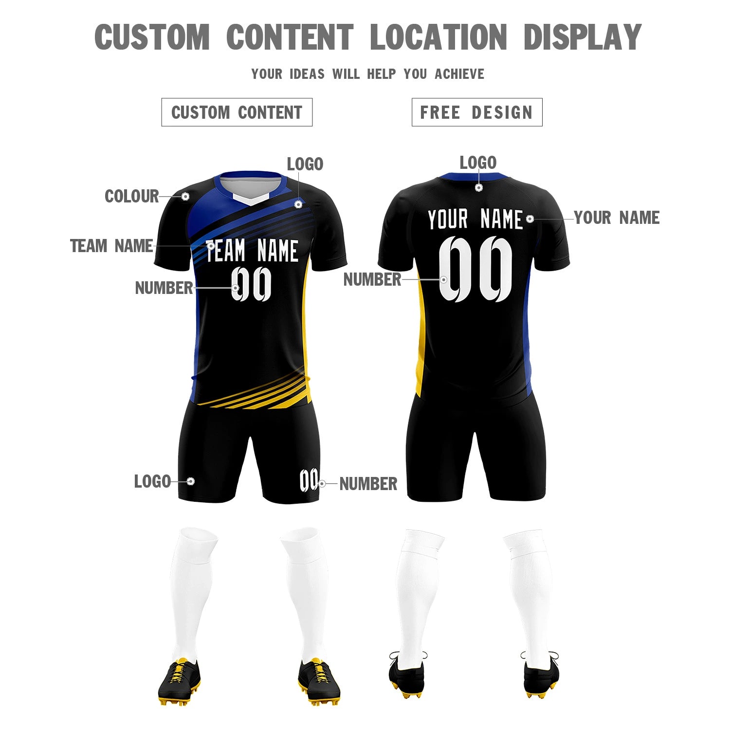 Custom Black Royal Blue-White Gradient Sport Soccer Sets Jersey