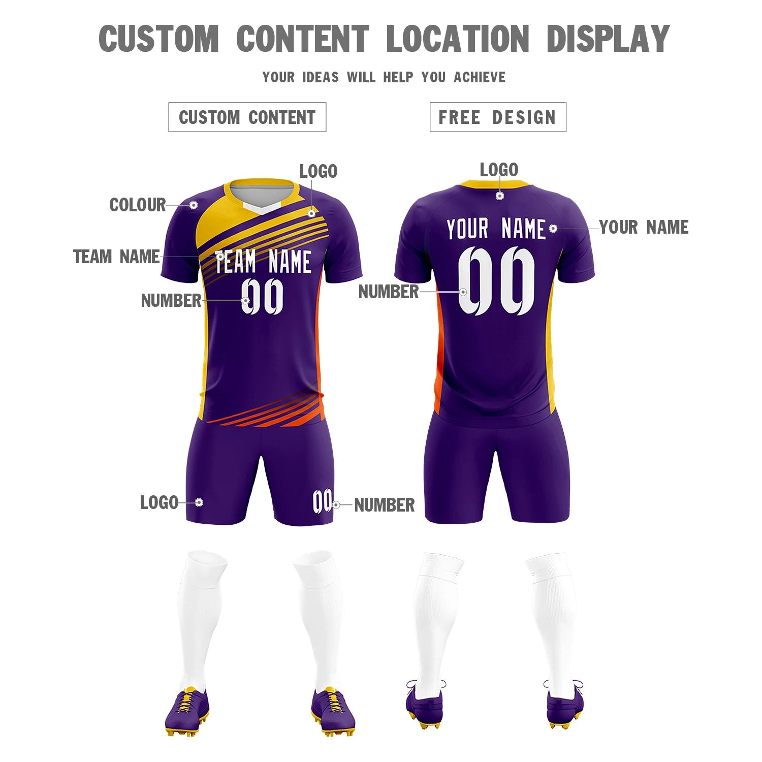 Custom Purple Gold-White Gradient Sport Soccer Sets Jersey