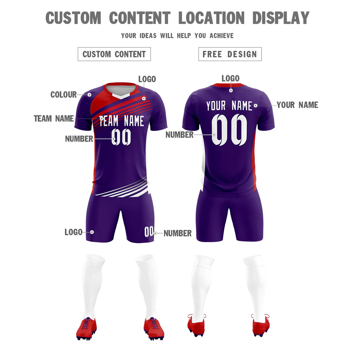 Custom Purple Red-White Gradient Sport Soccer Sets Jersey