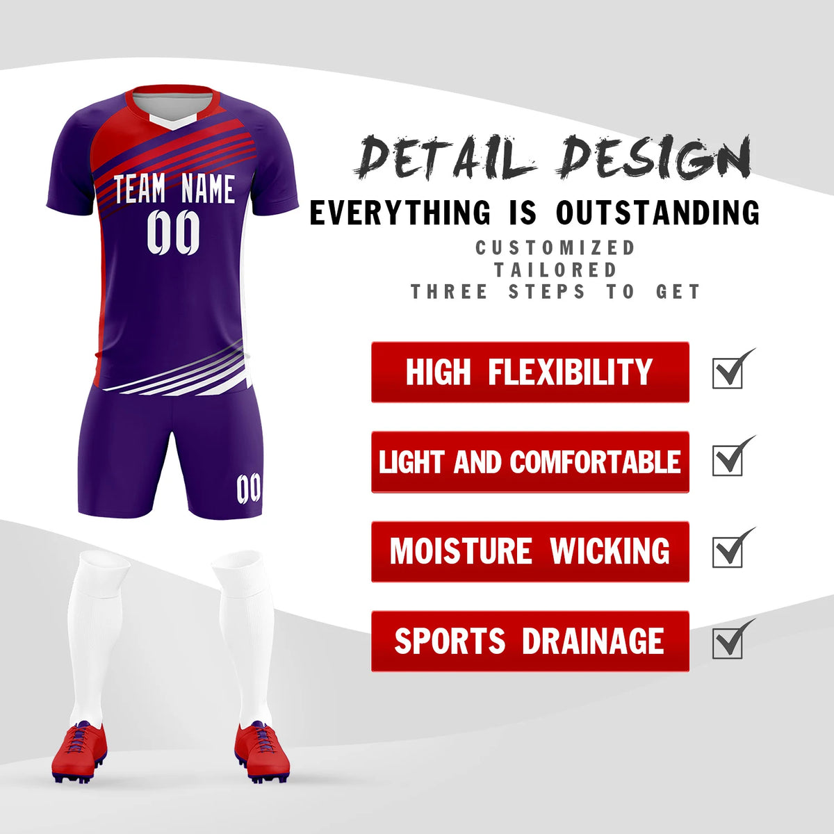 Custom Purple Red-White Gradient Sport Soccer Sets Jersey