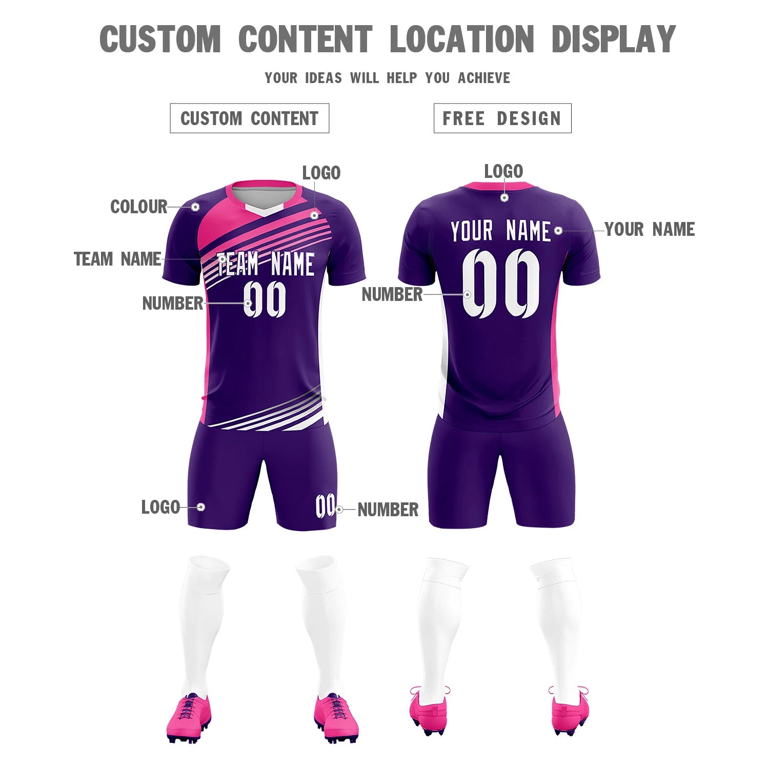 Custom Purple Pink-White Gradient Sport Soccer Sets Jersey