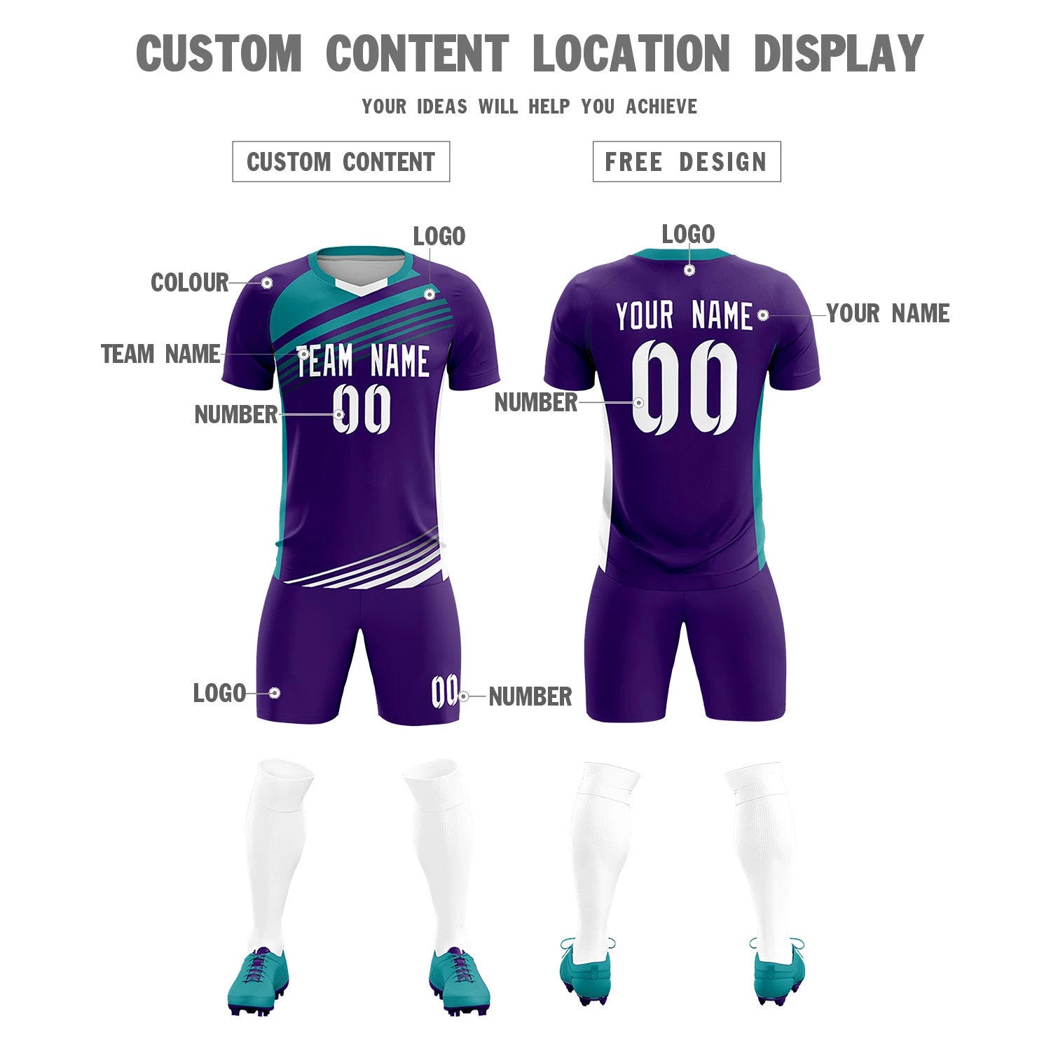 Custom Purple Aqua-White Gradient Sport Soccer Sets Jersey