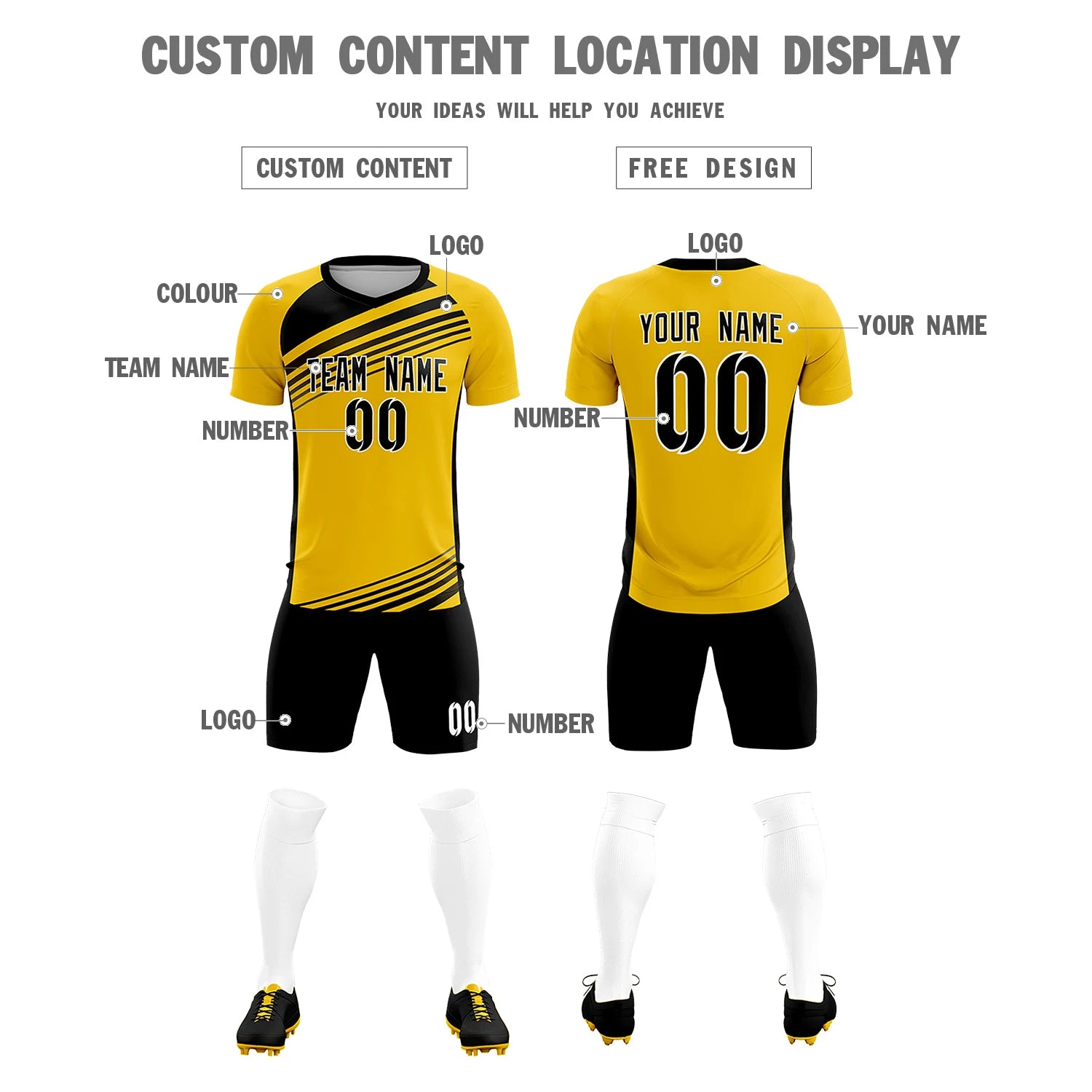 Custom Yellow Black Gradient Sport Soccer Sets Jersey