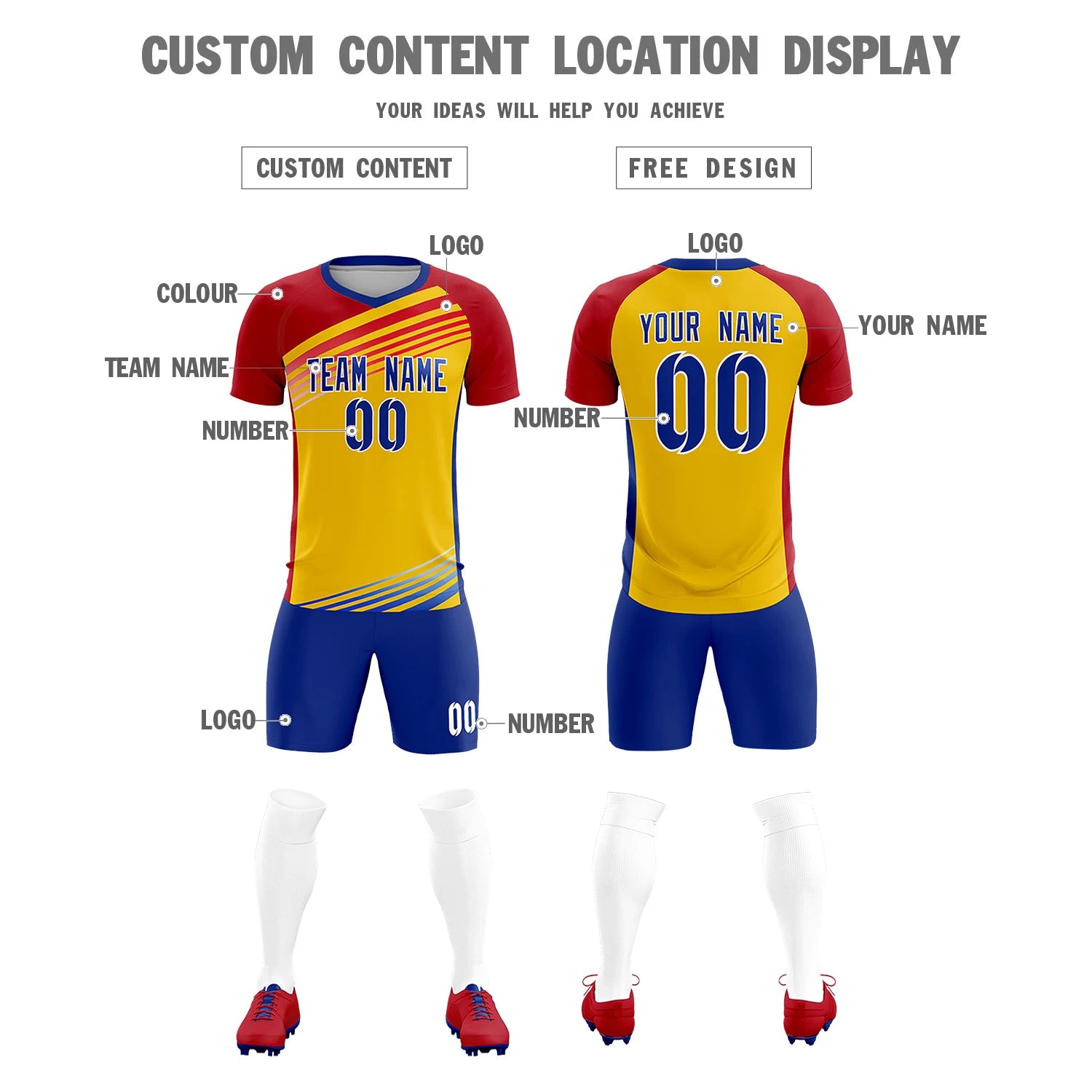 Custom Yellow Red-Royal Blue Gradient Sport Soccer Sets Jersey