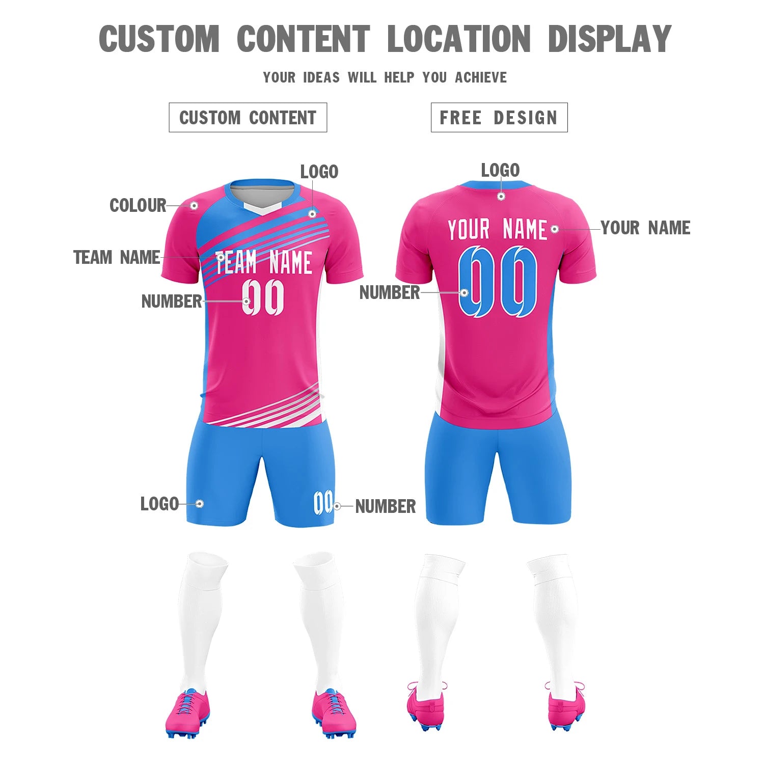 Custom Pink Powder Blue Gradient Sport Soccer Sets Jersey
