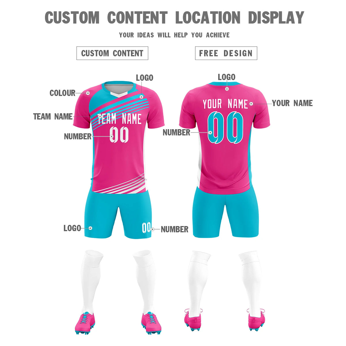 Custom Pink Sky Blue Gradient Sport Soccer Sets Jersey