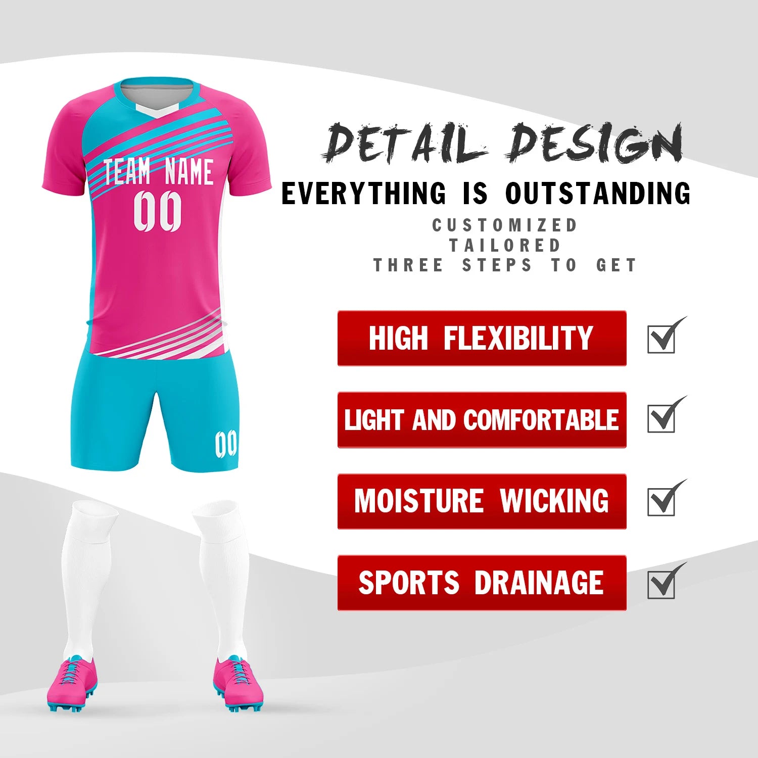 Custom Pink Sky Blue Gradient Sport Soccer Sets Jersey
