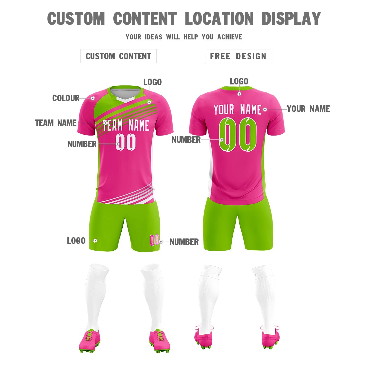 Custom Pink Neon Green Gradient Sport Soccer Sets Jersey