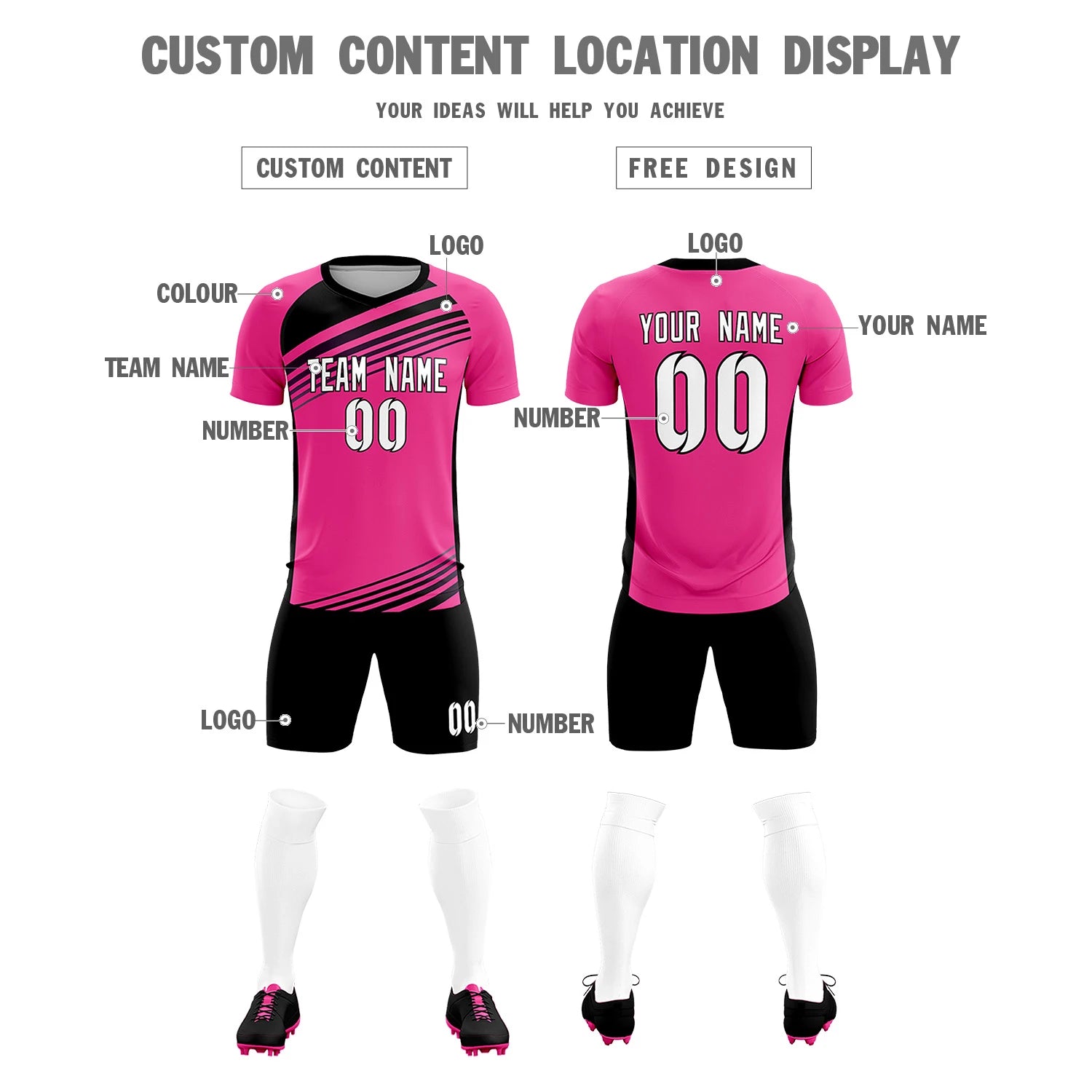 Custom Pink Black-White Gradient Sport Soccer Sets Jersey