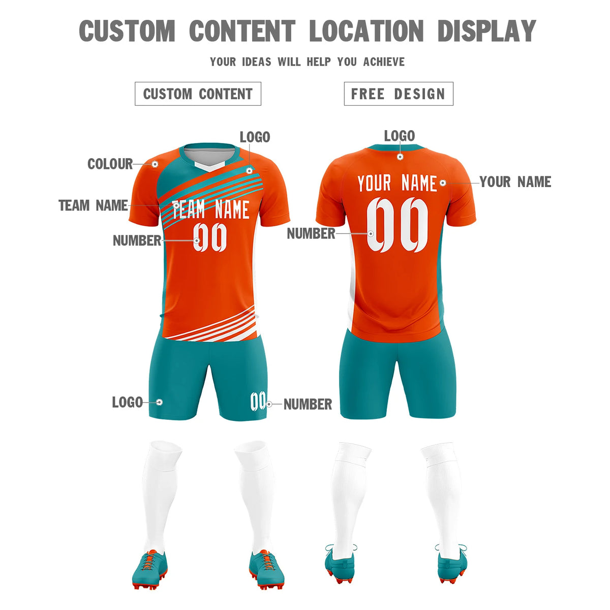 Custom Orange Aqua-White Gradient Sport Soccer Sets Jersey