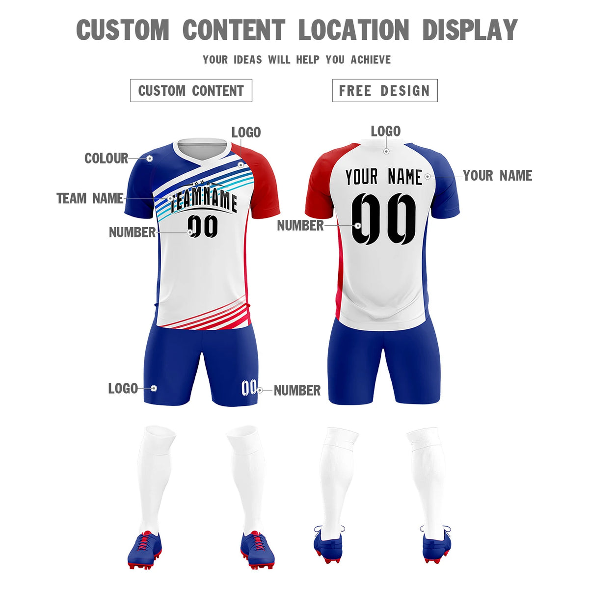 Custom White Royal Blue-Red Gradient Sport Soccer Sets Jersey