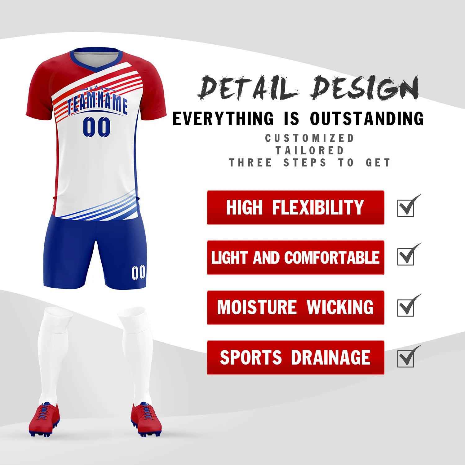 Custom White Red-Royal Blue Gradient Sport Soccer Sets Jersey
