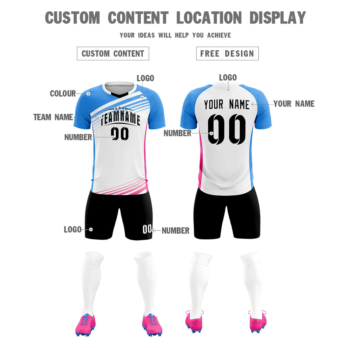 Custom White Powder Blue-Black Gradient Sport Soccer Sets Jersey