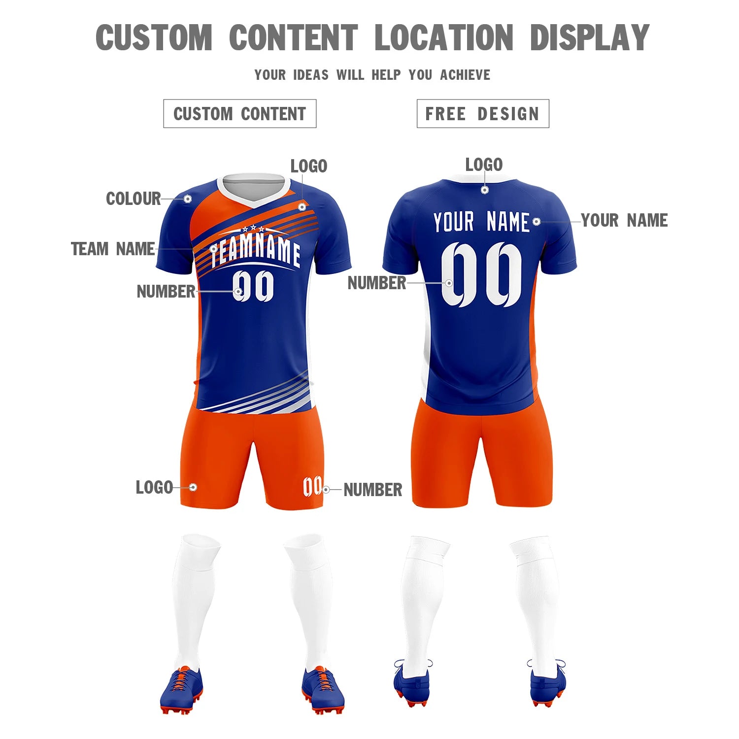 Custom Royal Blue Orange-White Gradient Sport Soccer Sets Jersey