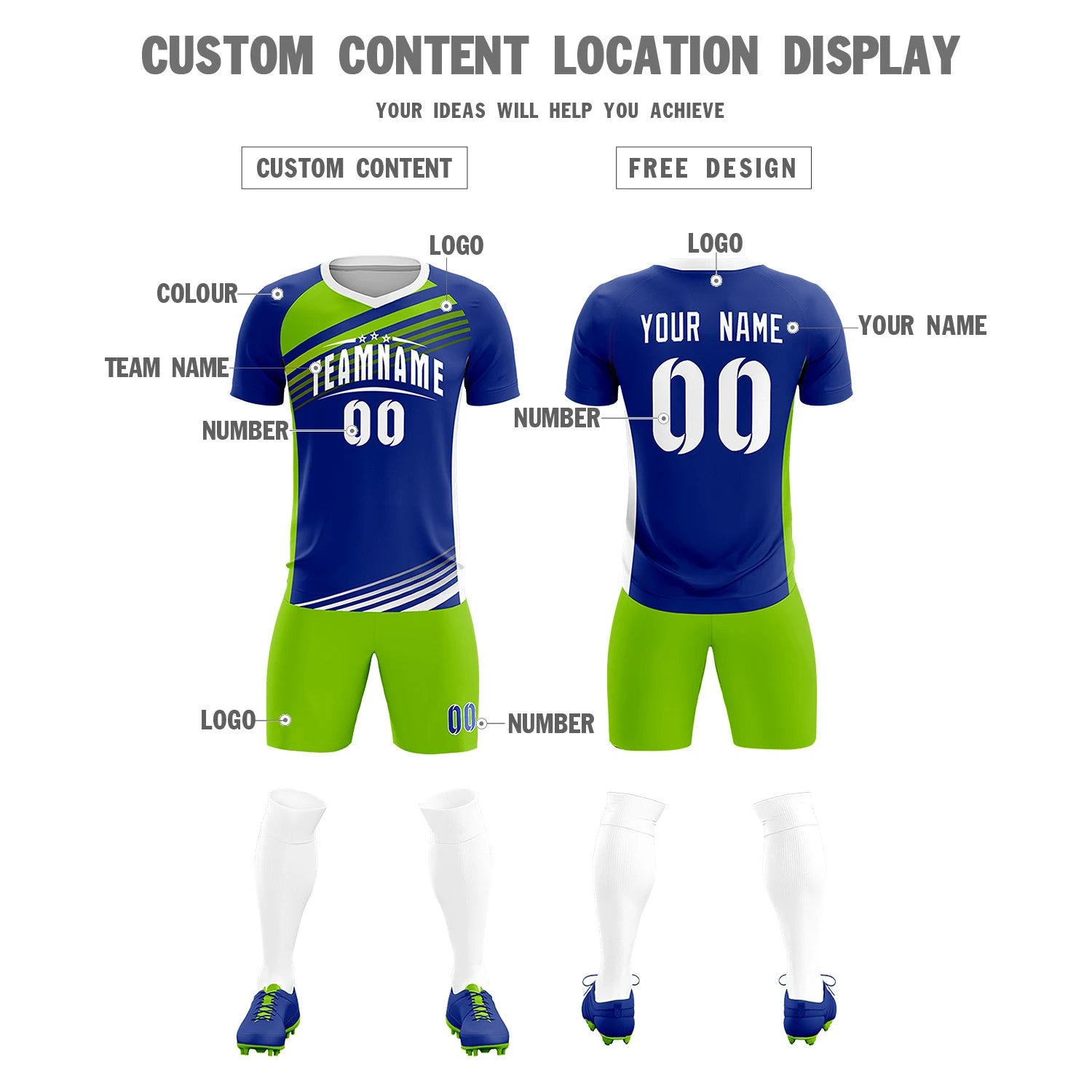Custom Royal Blue Neon Green-White Gradient Sport Soccer Sets Jersey