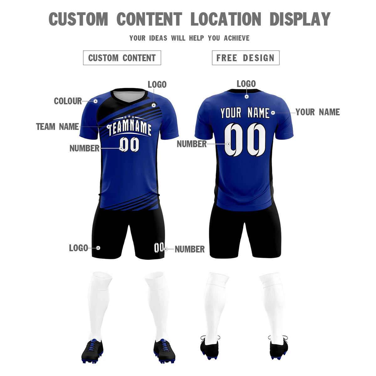 Custom Royal Blue Black-White Gradient Sport Soccer Sets Jersey