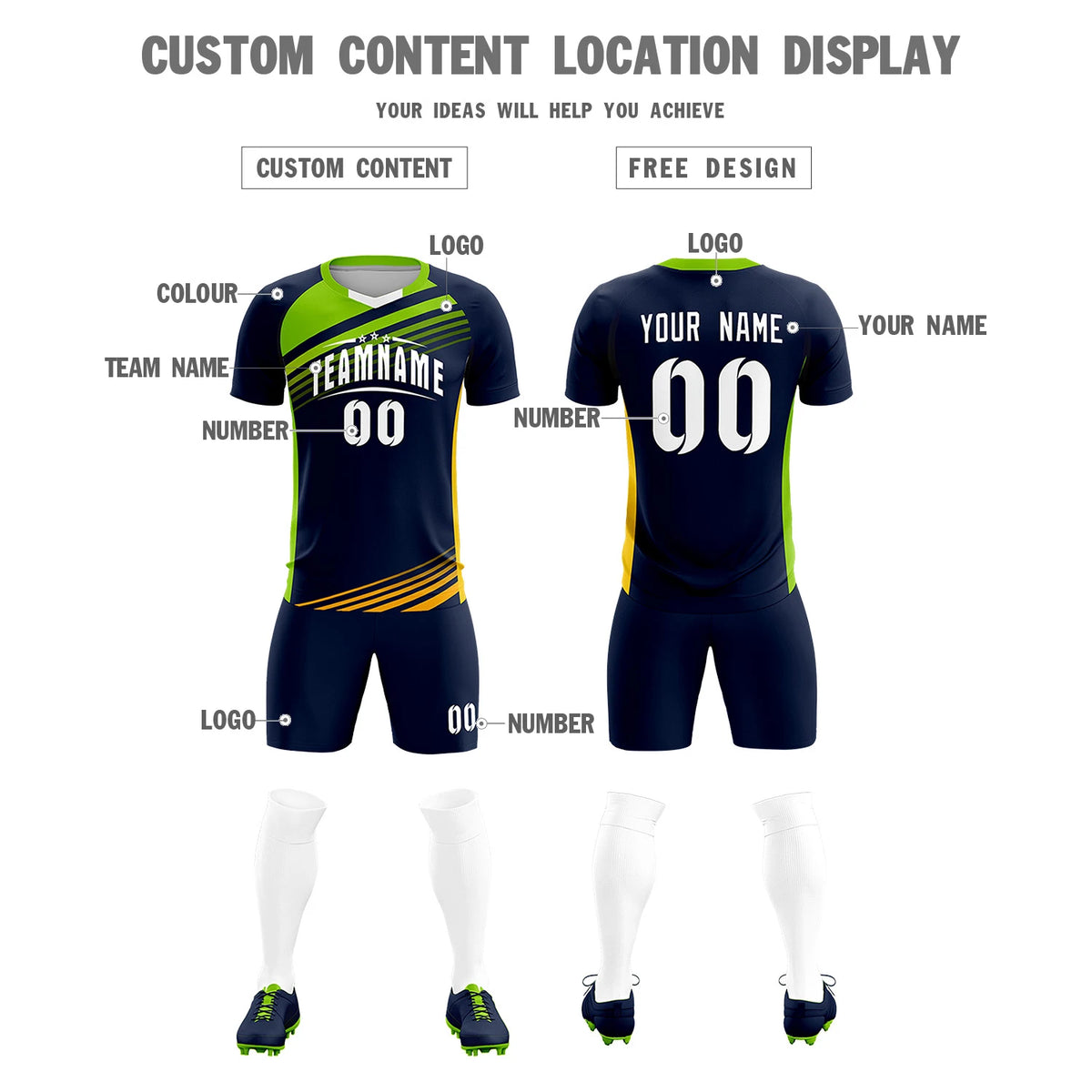Custom Navy Neon Green-White Gradient Sport Soccer Sets Jersey