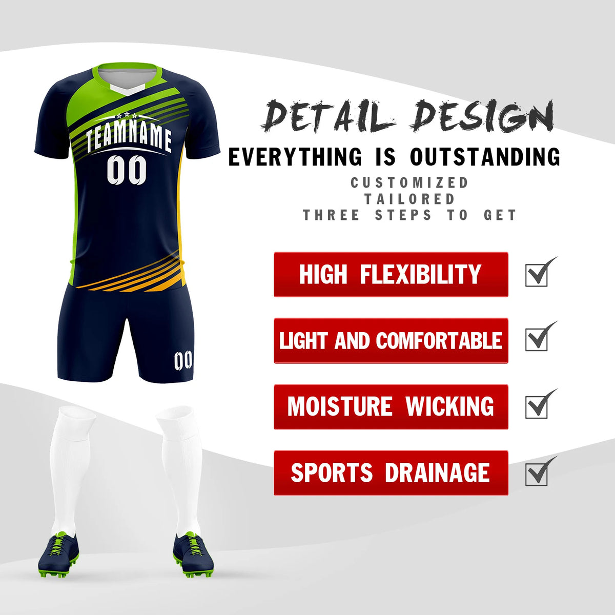 Custom Navy Neon Green-White Gradient Sport Soccer Sets Jersey