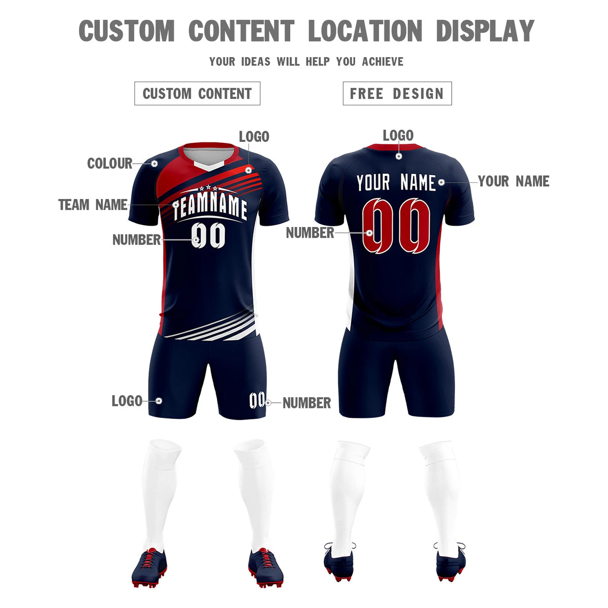 Custom Navy Red-White Gradient Sport Soccer Sets Jersey