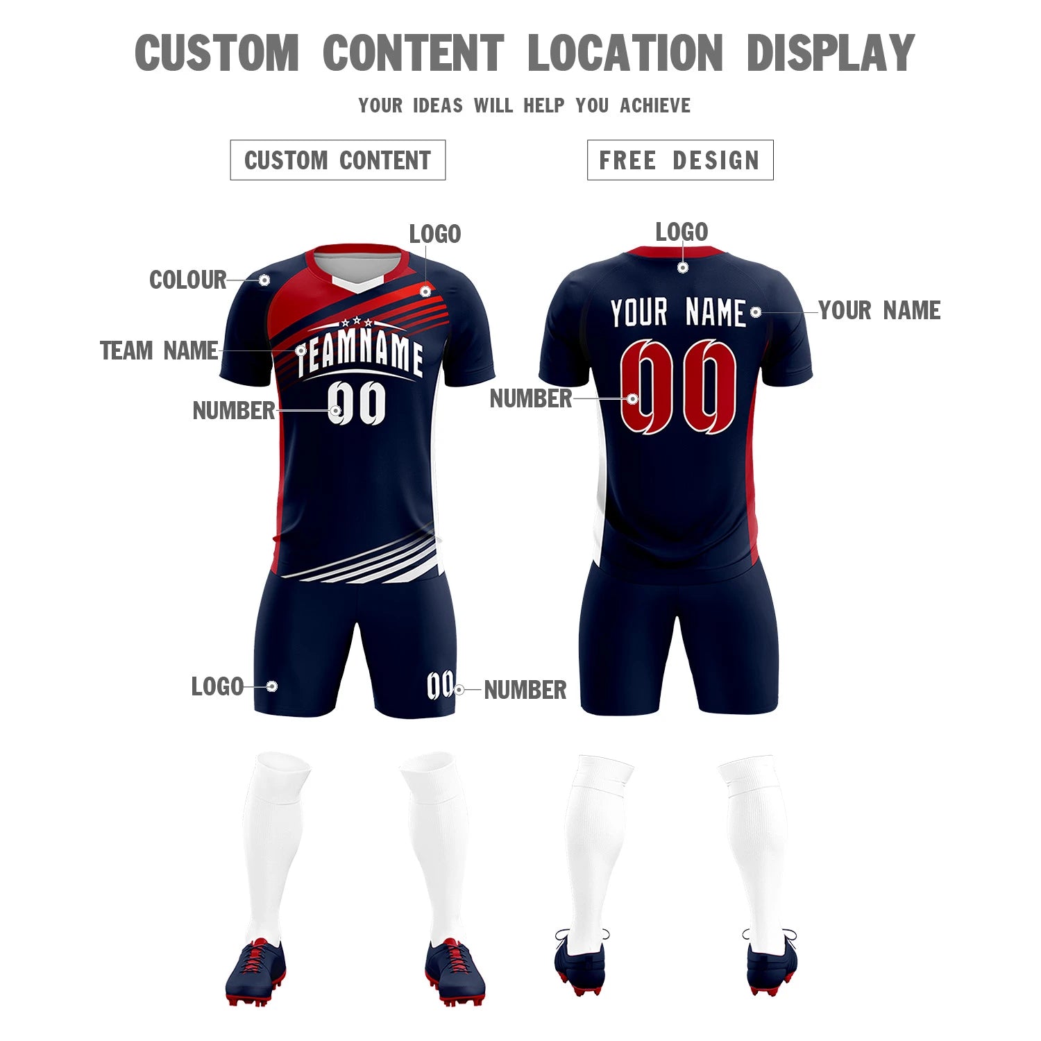 Custom Navy Red-White Gradient Sport Soccer Sets Jersey
