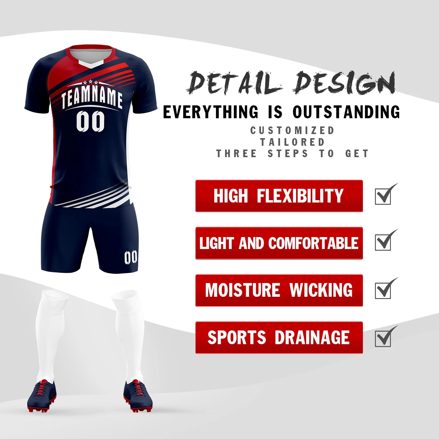 Custom Navy Red-White Gradient Sport Soccer Sets Jersey