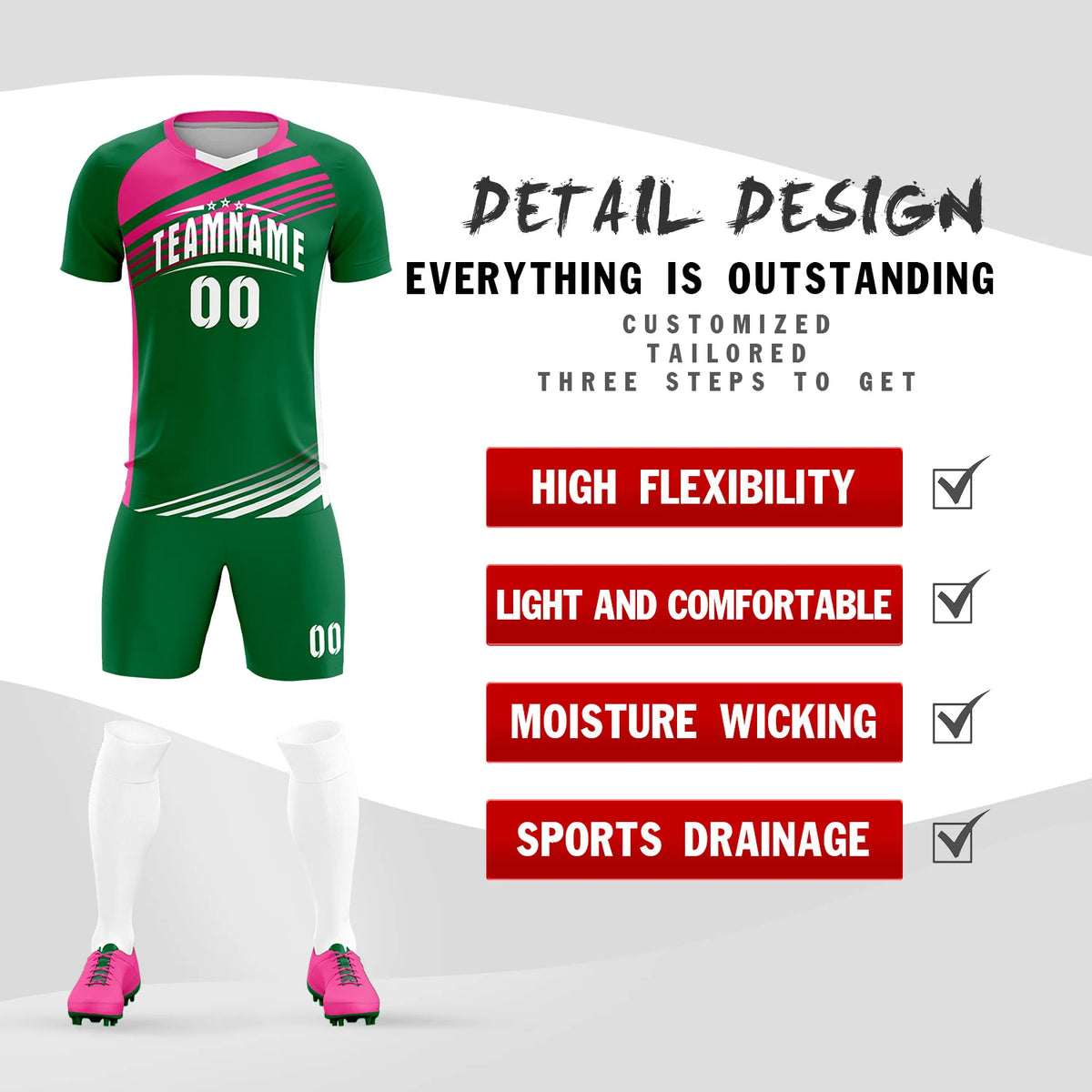 Custom Kelly Green Pink-White Gradient Sport Soccer Sets Jersey
