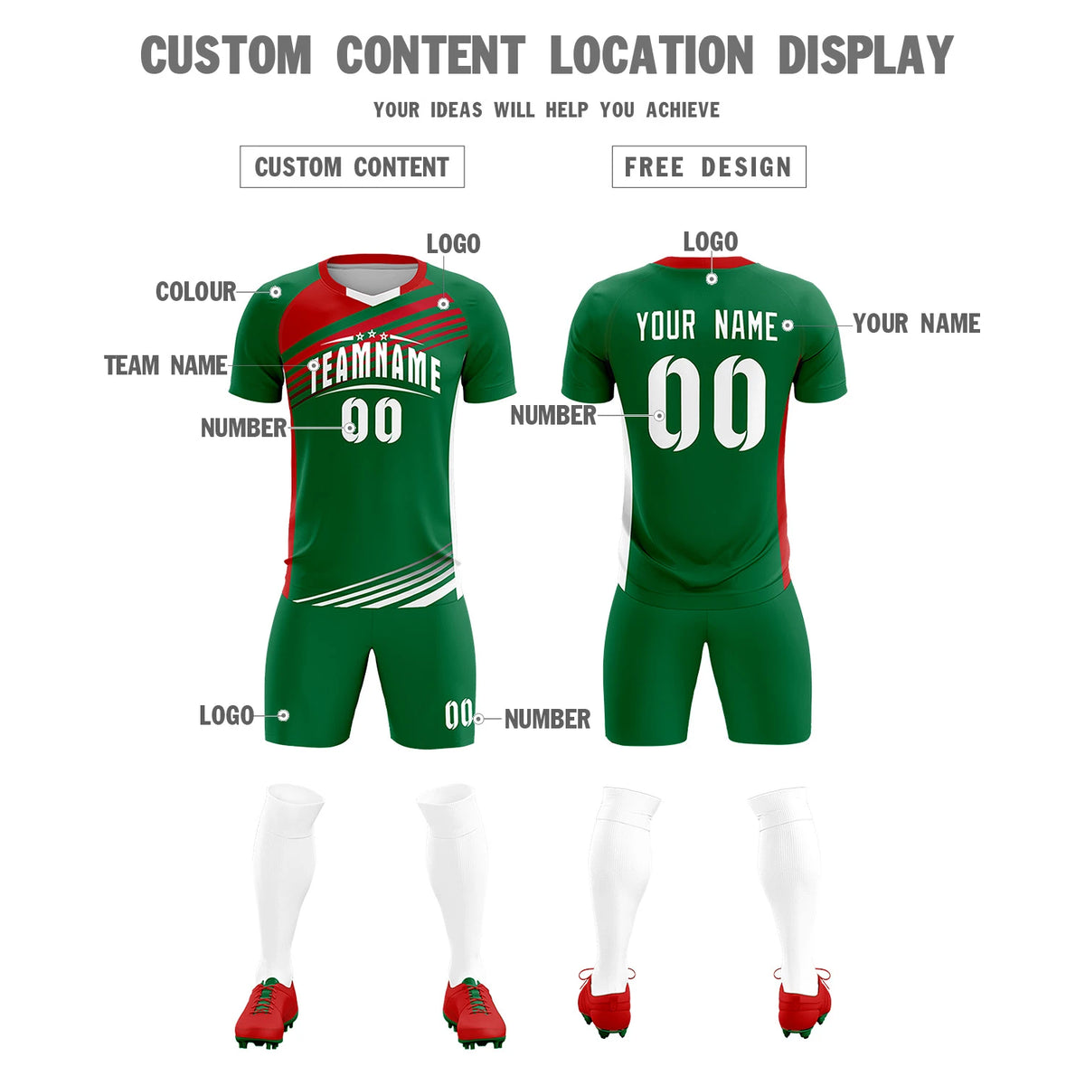 Custom Kelly Green Red-White Gradient Sport Soccer Sets Jersey