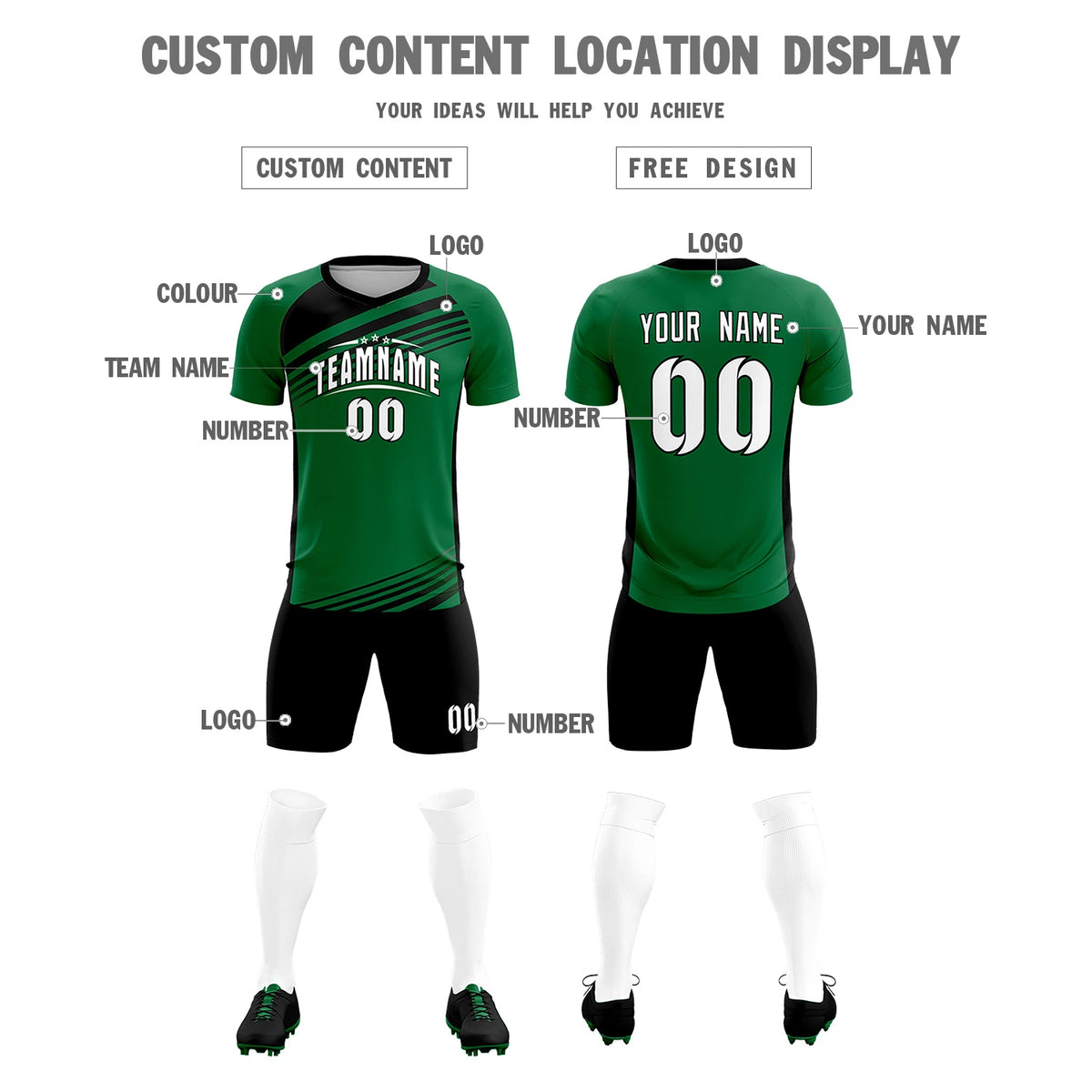 Custom Kelly Green Black-White Gradient Sport Soccer Sets Jersey