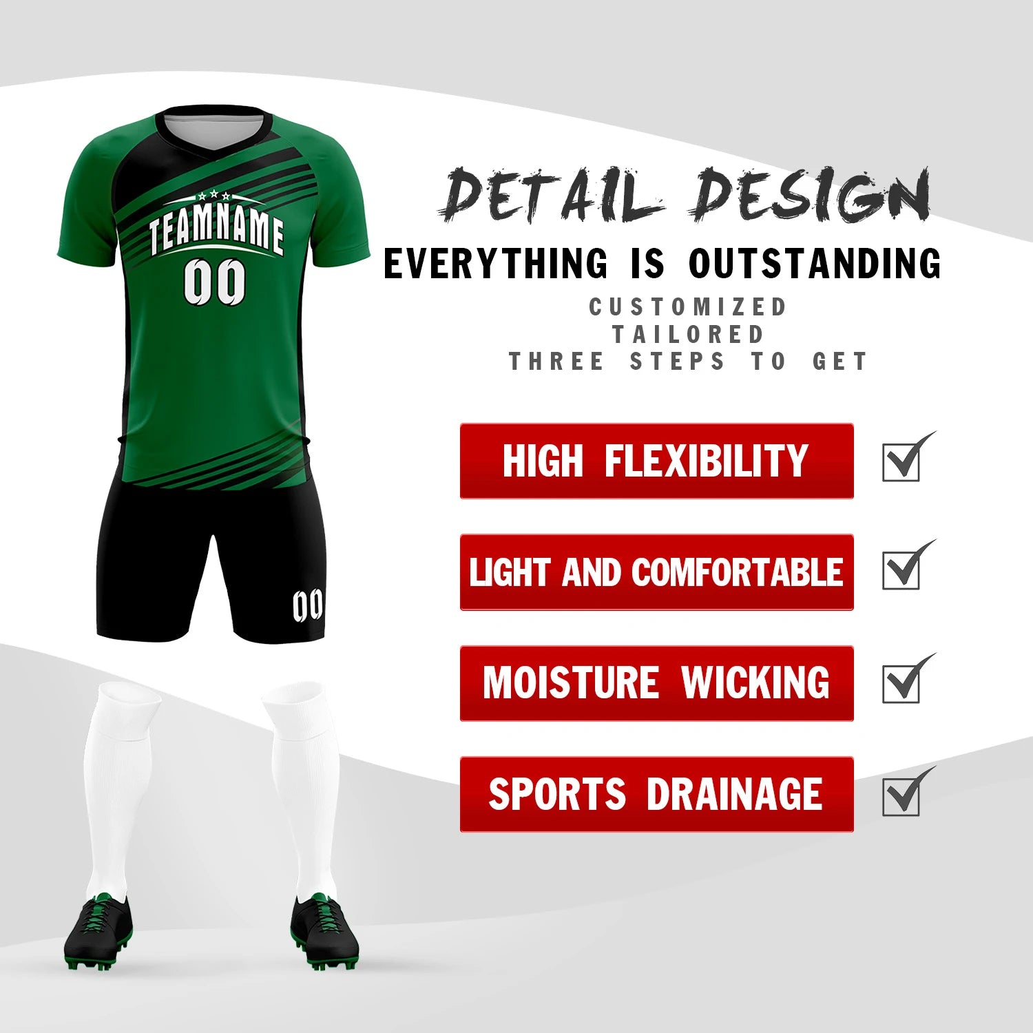 Custom Kelly Green Black-White Gradient Sport Soccer Sets Jersey