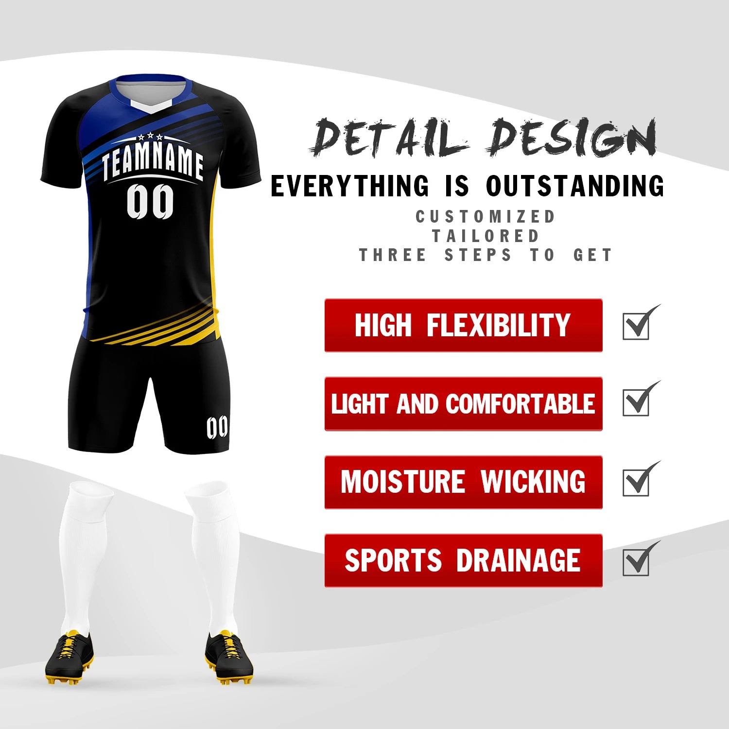 Custom Black Royal Blue-White Gradient Sport Soccer Sets Jersey