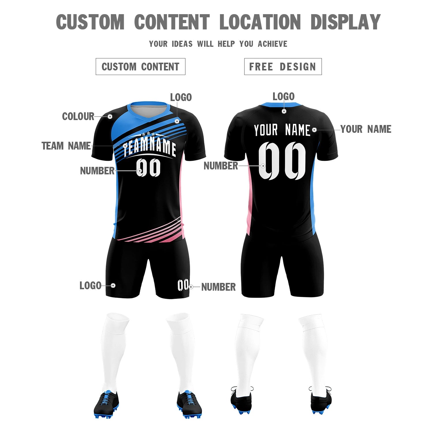 Custom Black Powder Blue-White Gradient Sport Soccer Sets Jersey