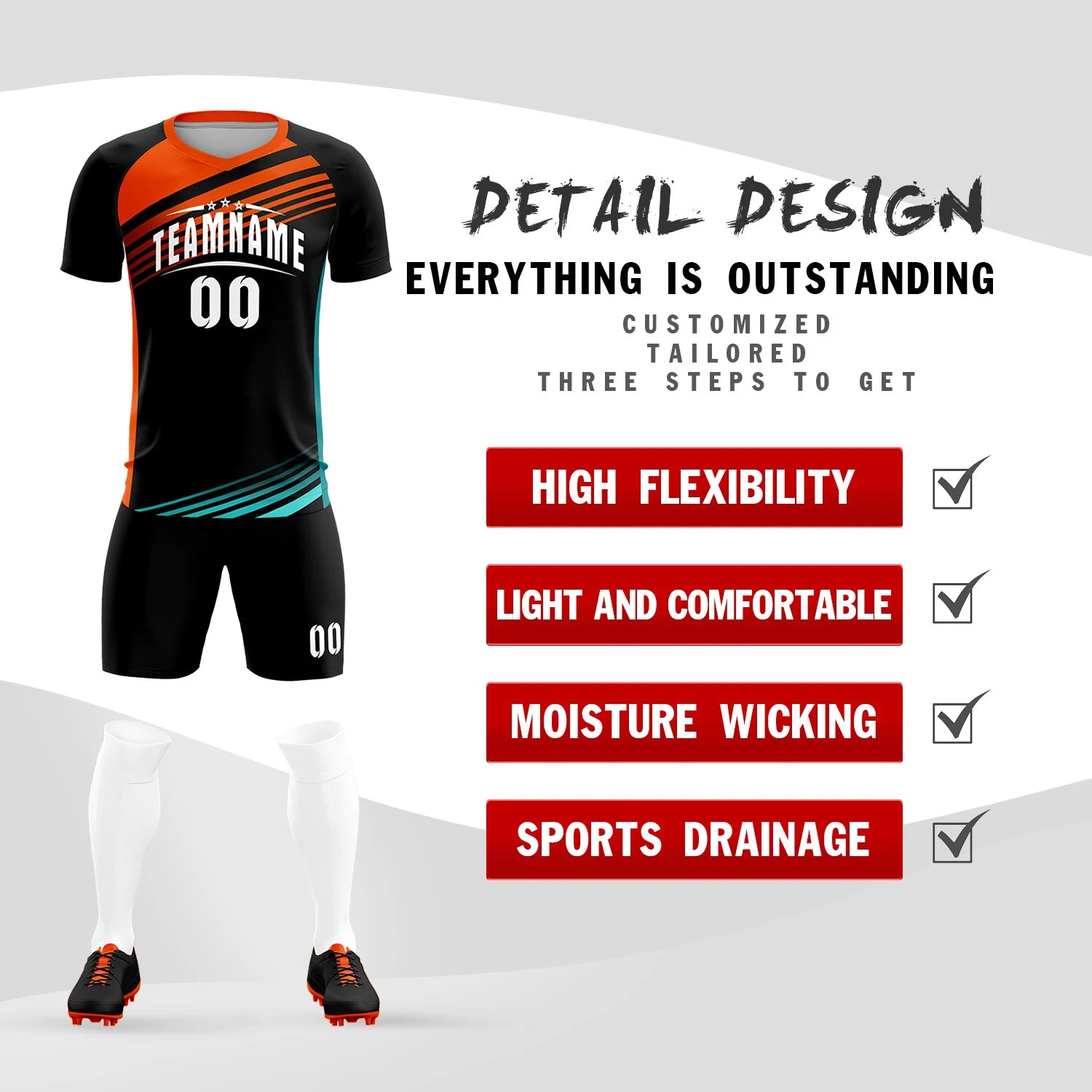 Custom Black Orange-White Gradient Sport Soccer Sets Jersey