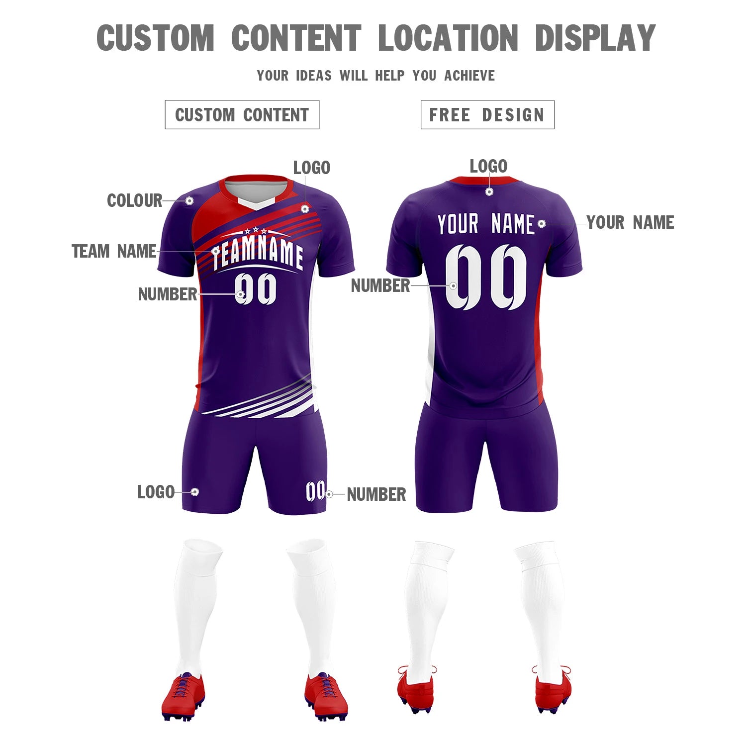 Custom Purple Red-White Gradient Sport Soccer Sets Jersey