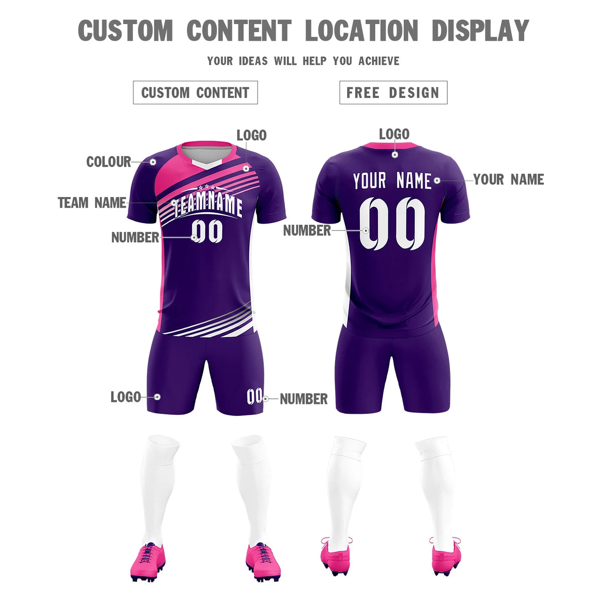 Custom Purple Pink-White Gradient Sport Soccer Sets Jersey