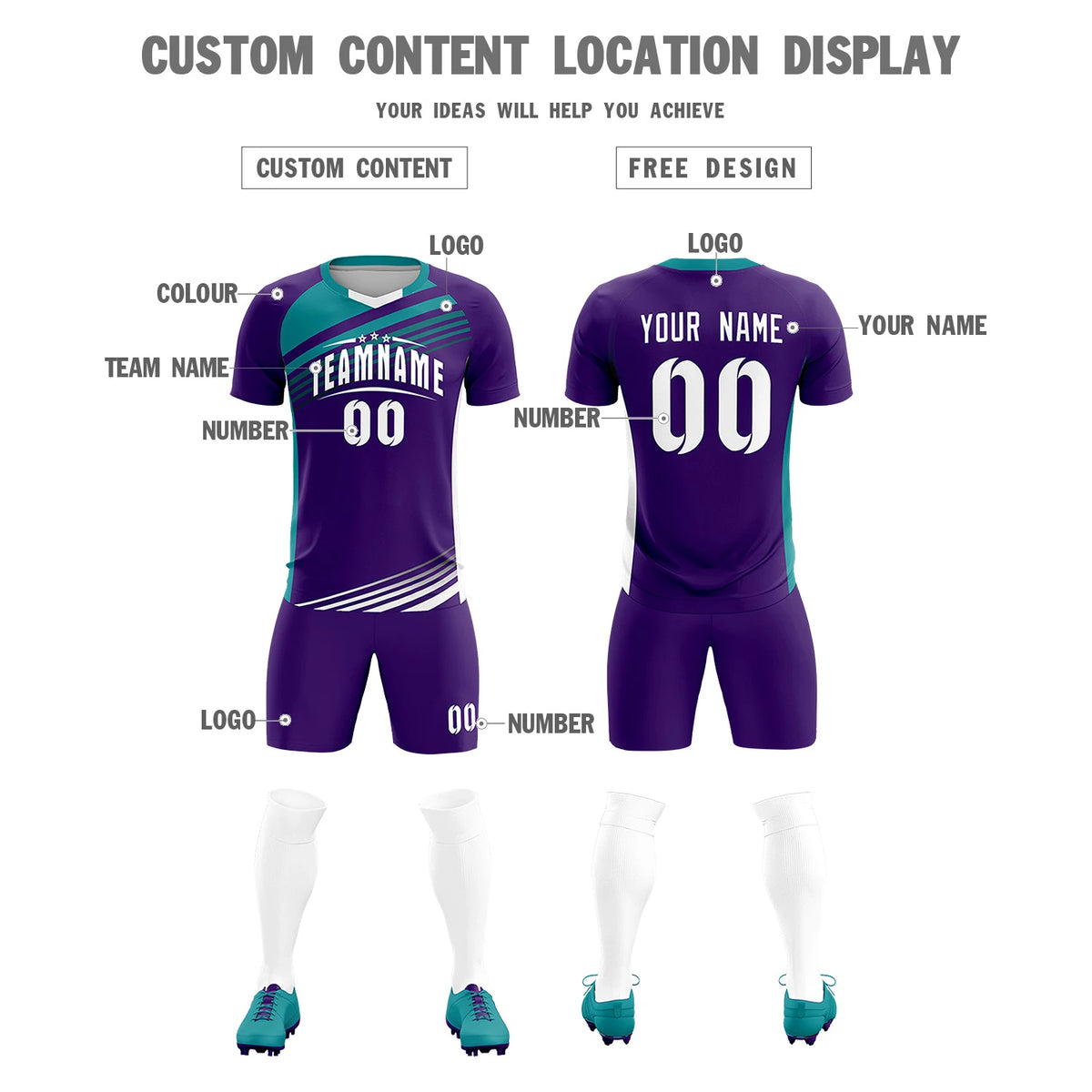 Custom Purple Aqua-White Gradient Sport Soccer Sets Jersey