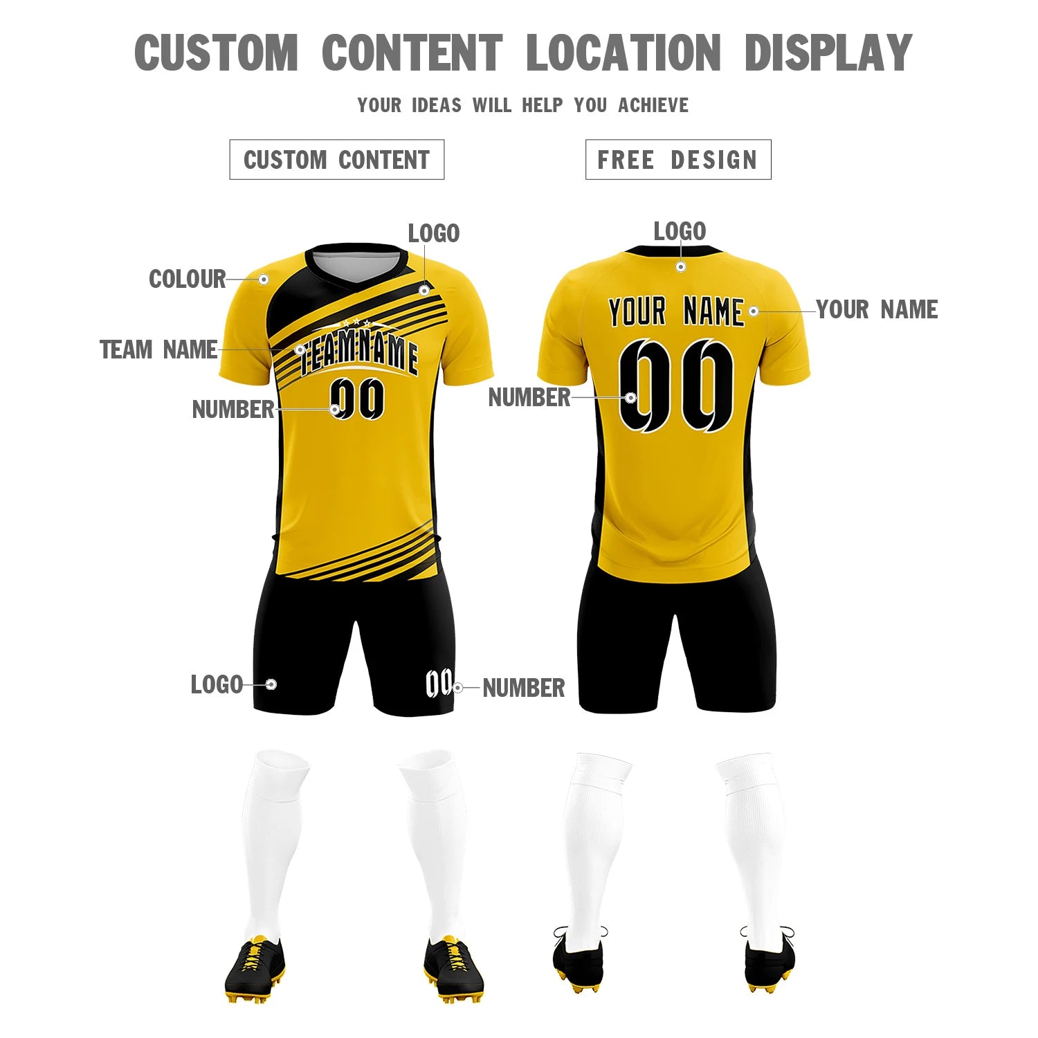 Custom Yellow Black Gradient Sport Soccer Sets Jersey