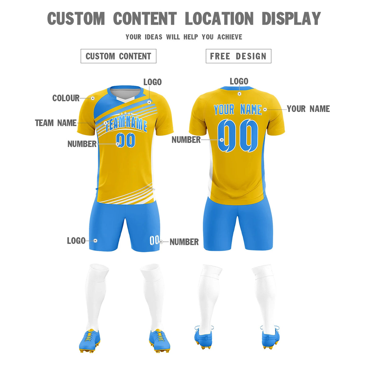 Custom Yellow Powder Blue Gradient Sport Soccer Sets Jersey