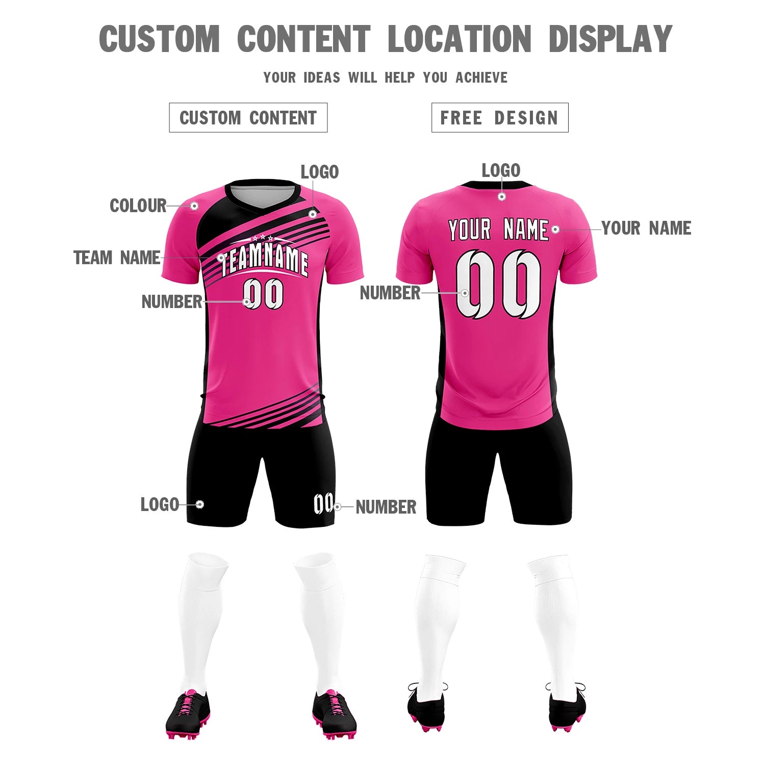Custom Pink Black-White Gradient Sport Soccer Sets Jersey