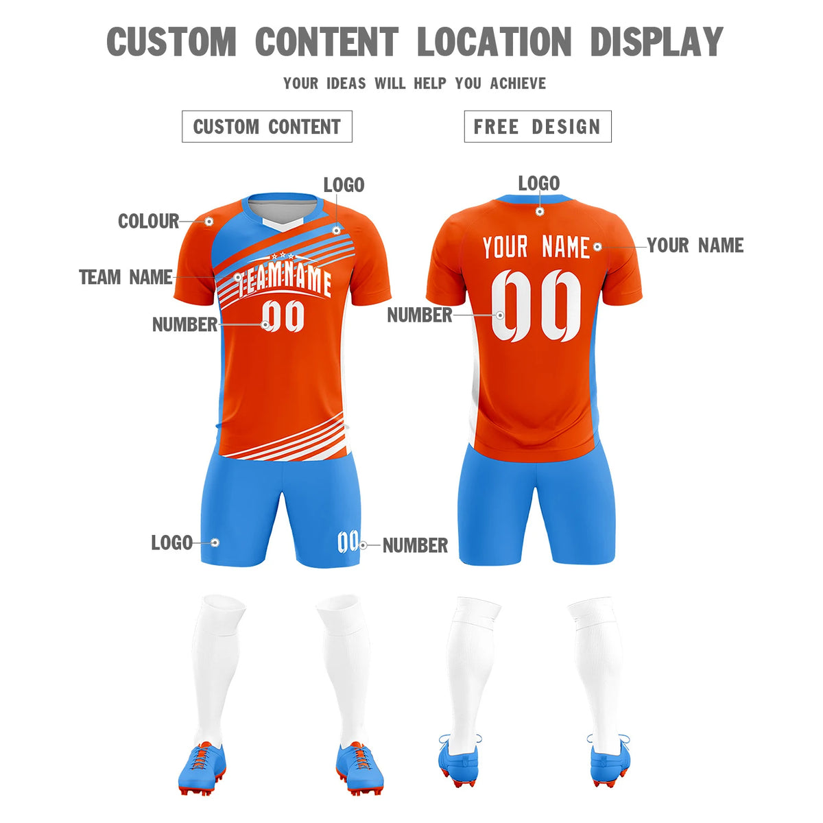 Custom Orange Powder Blue-White Gradient Sport Soccer Sets Jersey